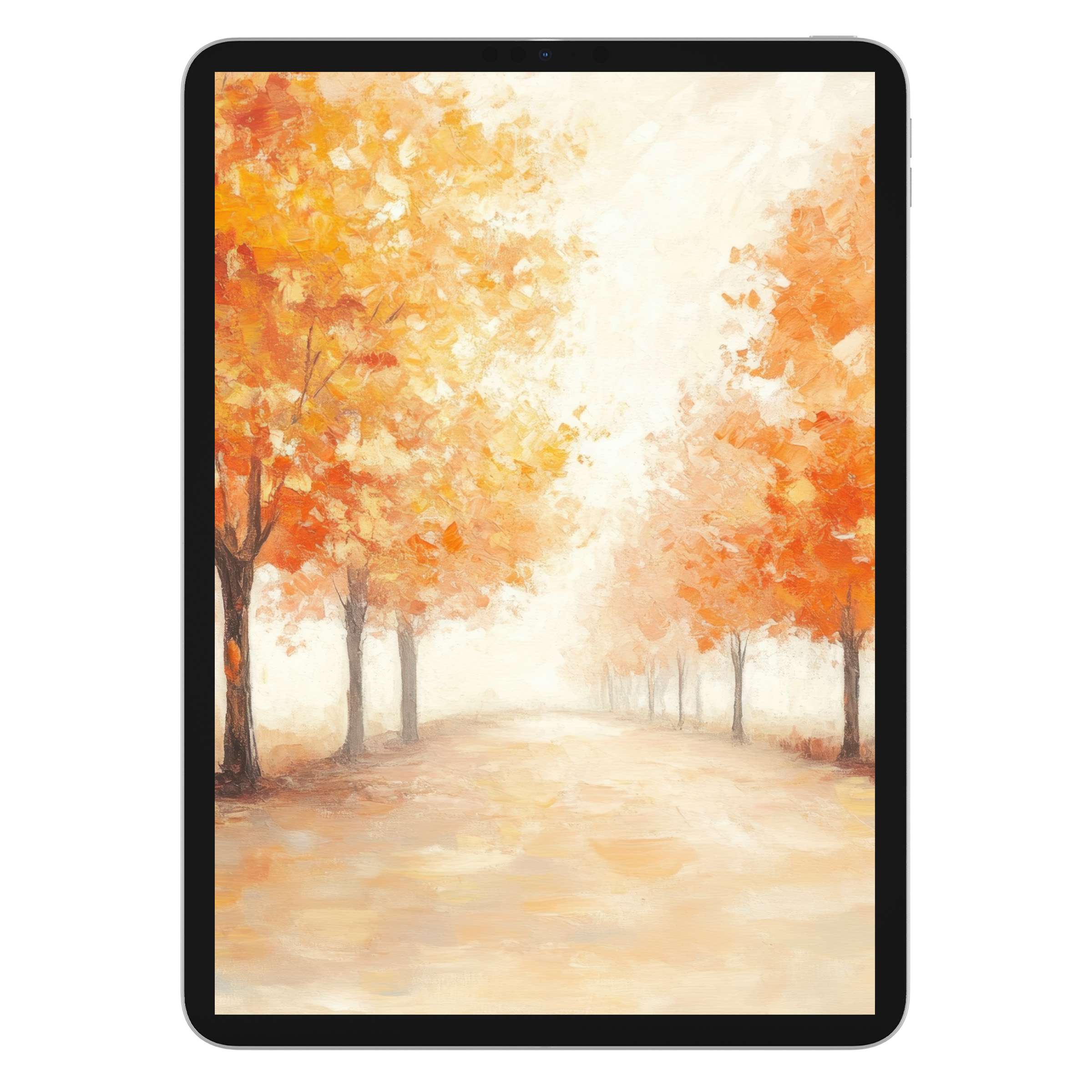 Vibrant fall iPad wallpaper showcasing a serene path lined with orange trees, ideal for tablet backgrounds and digital download