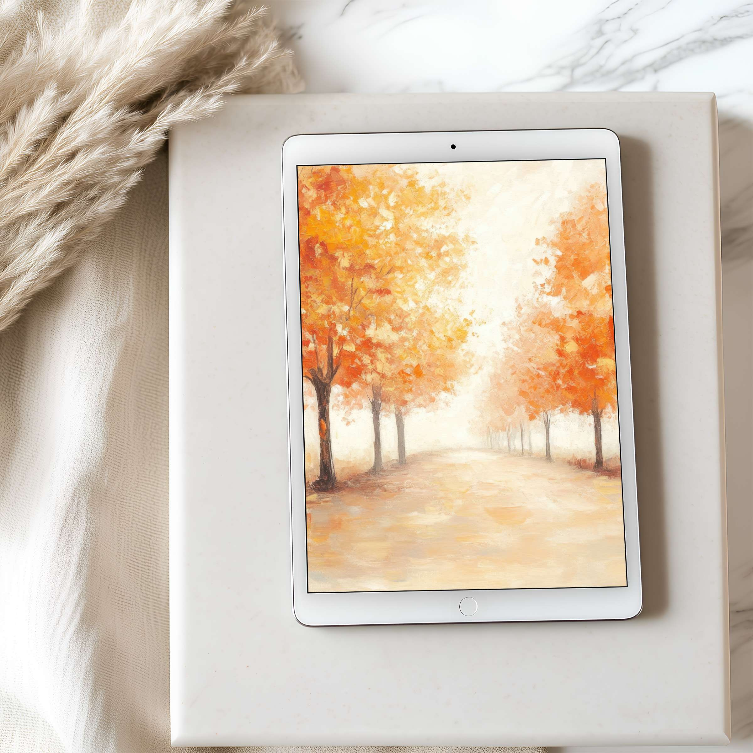 Elegant tablet wallpaper featuring serene autumn trees in warm hues, ideal for iPad and Android Perfect high resolution digital download