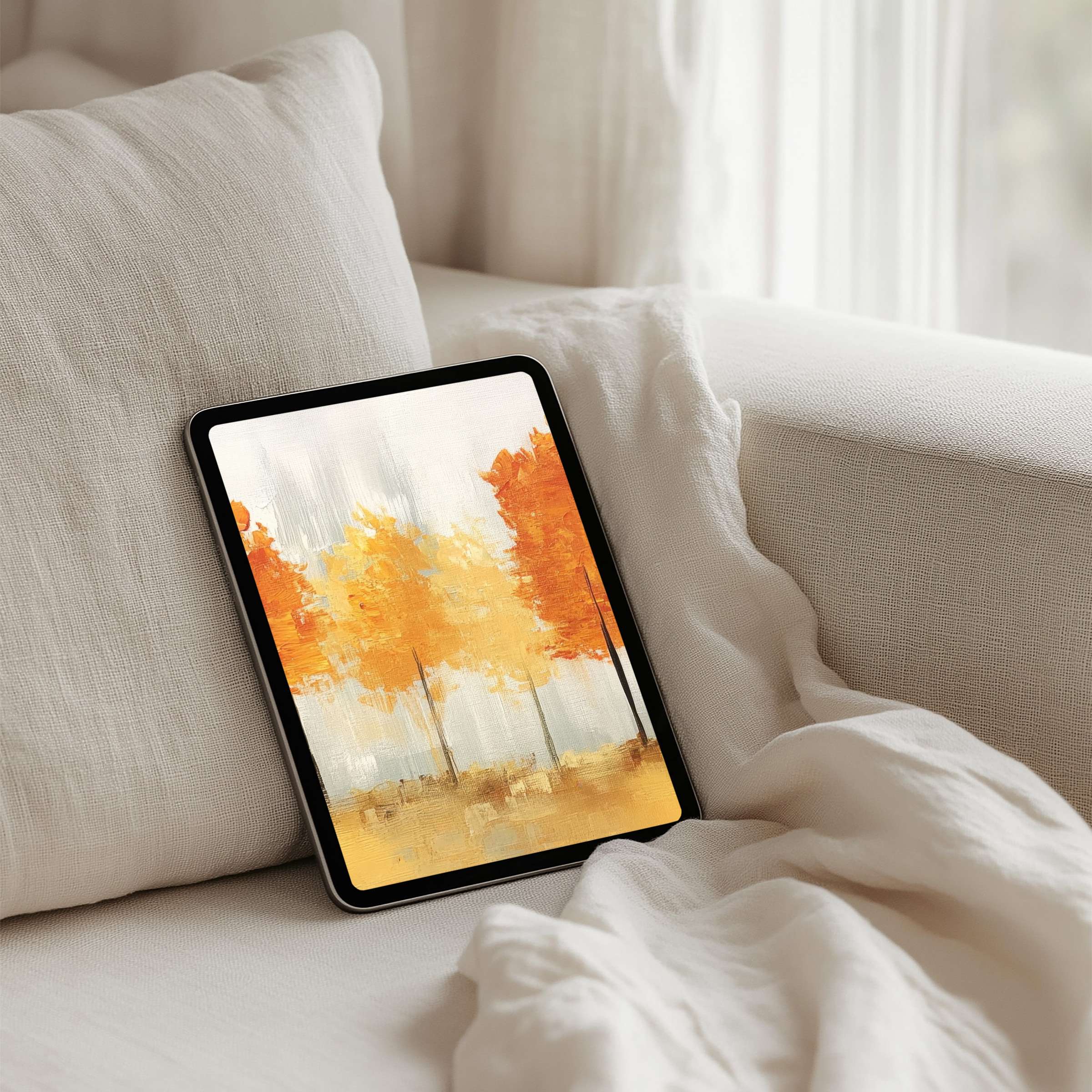 Serene autumn trees painting on iPad background embraces mindfulness and elegance for instant download to tablet users seeking calm