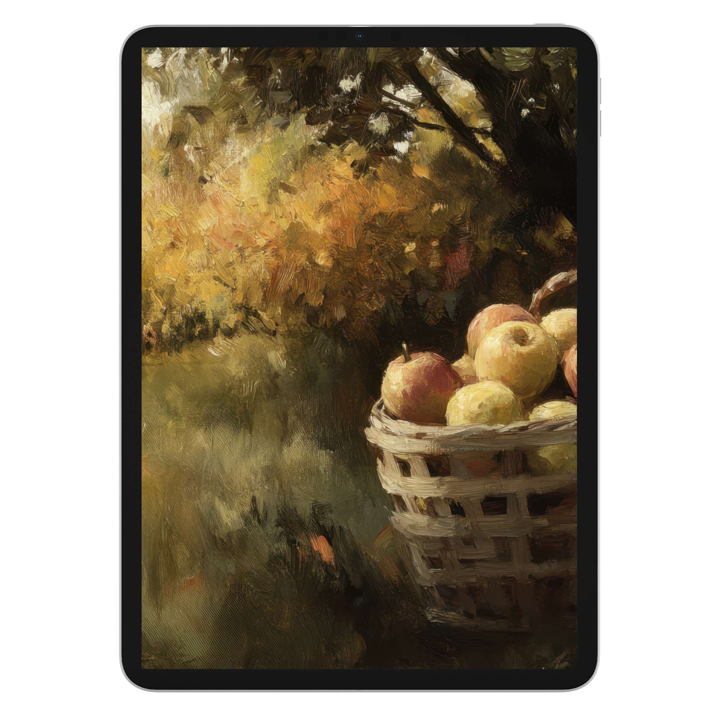 Warm fall iPad wallpaper with a serene basket of apples in a sunlit garden background ideal for tablet digital download