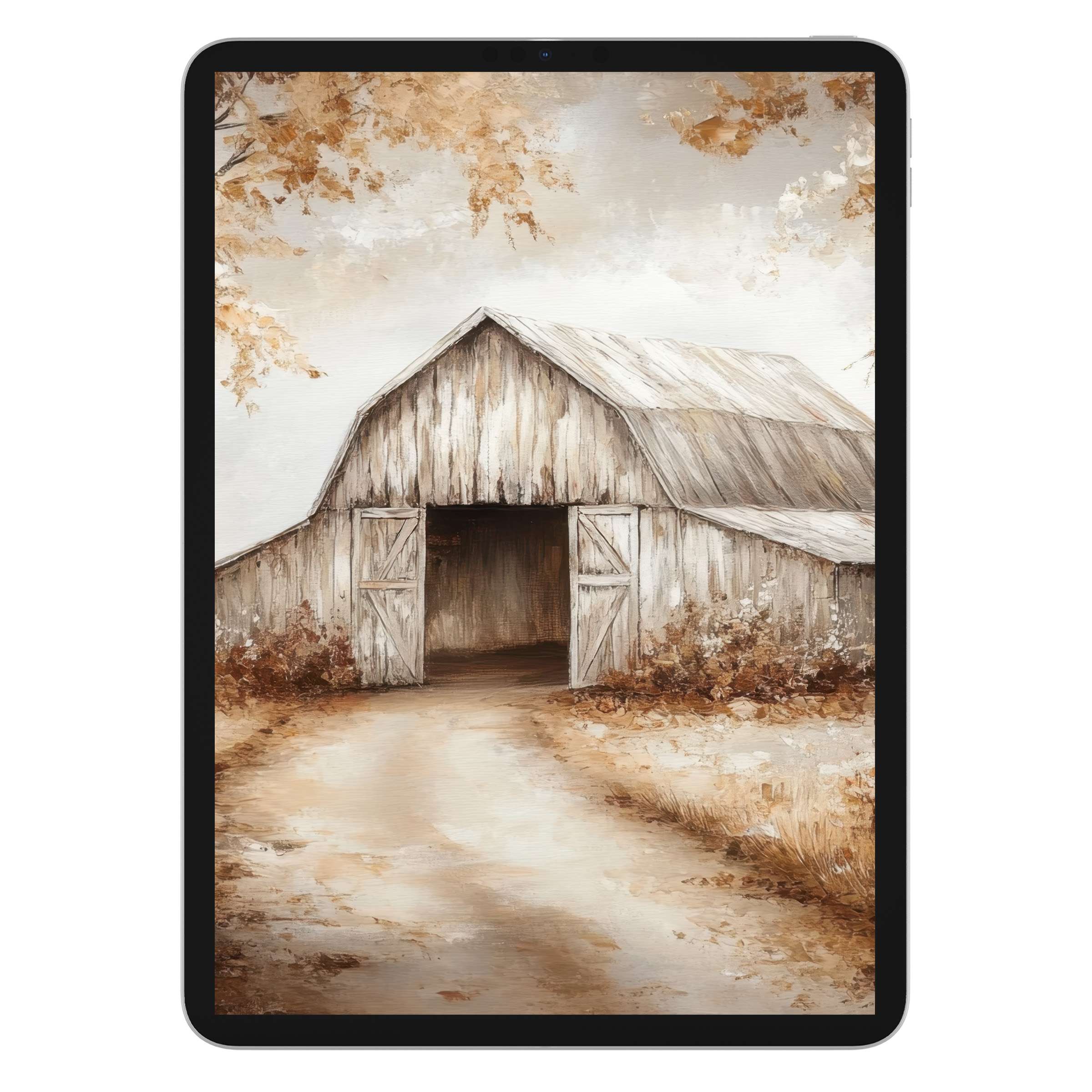 Elegant fall iPad wallpaper with rustic barn art sets a calming tablet background perfect for digital download and seasonal themes
