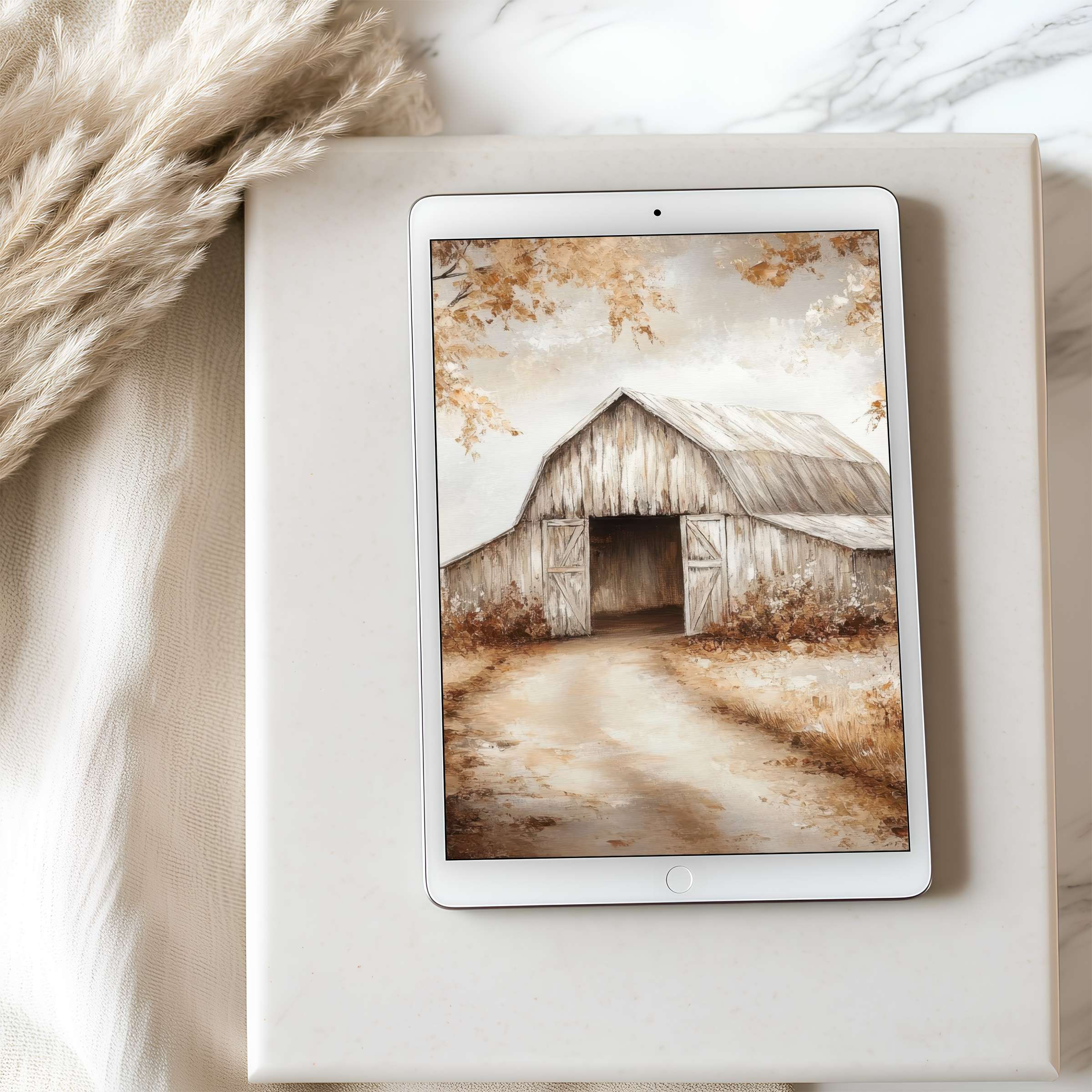 Rustic barn tablet wallpaper in soft earth tones evokes tranquility, perfect for high resolution iPad and Android digital download