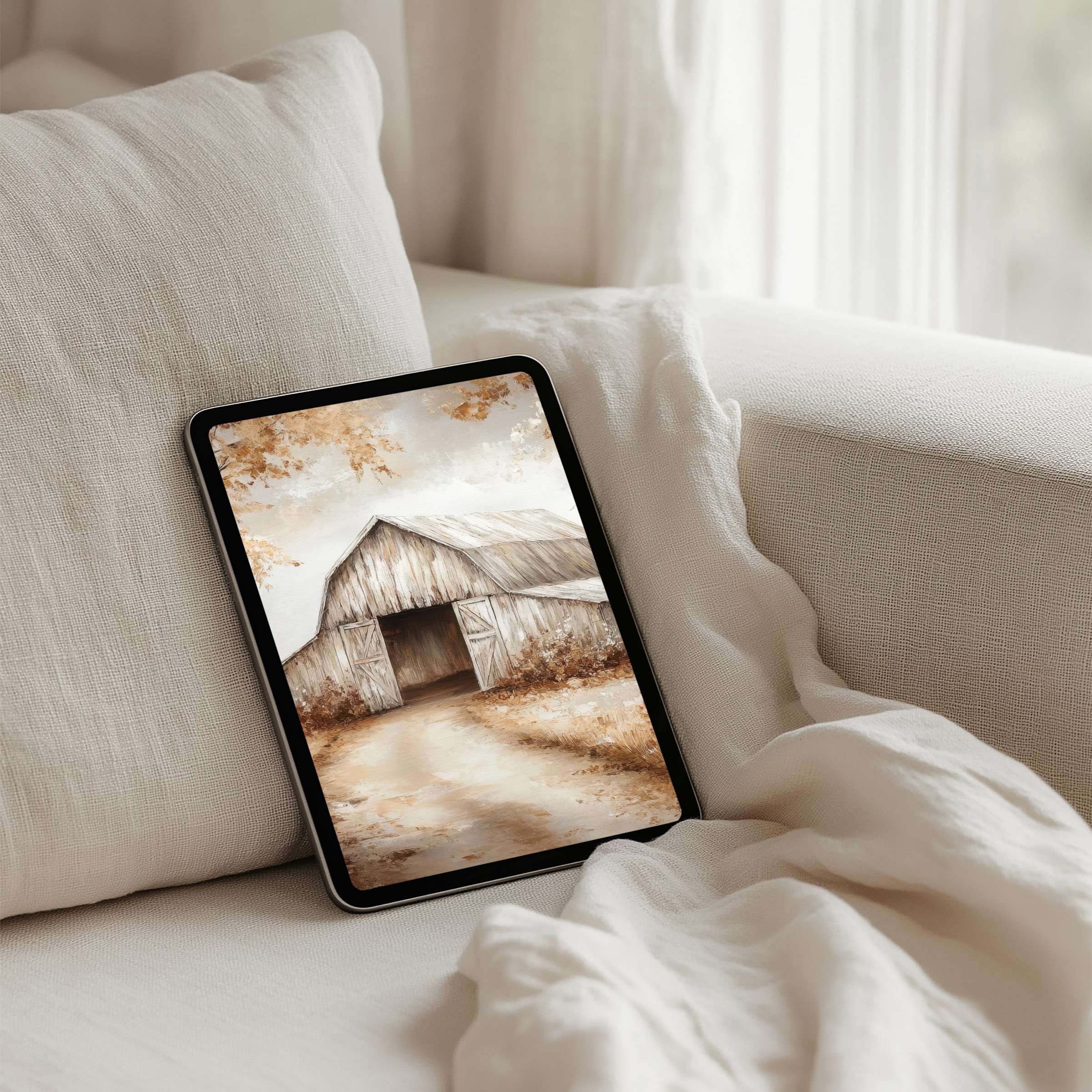 Serene barn iPad background in soft neutrals inspires calm elegance, perfect for instant download on any tablet device