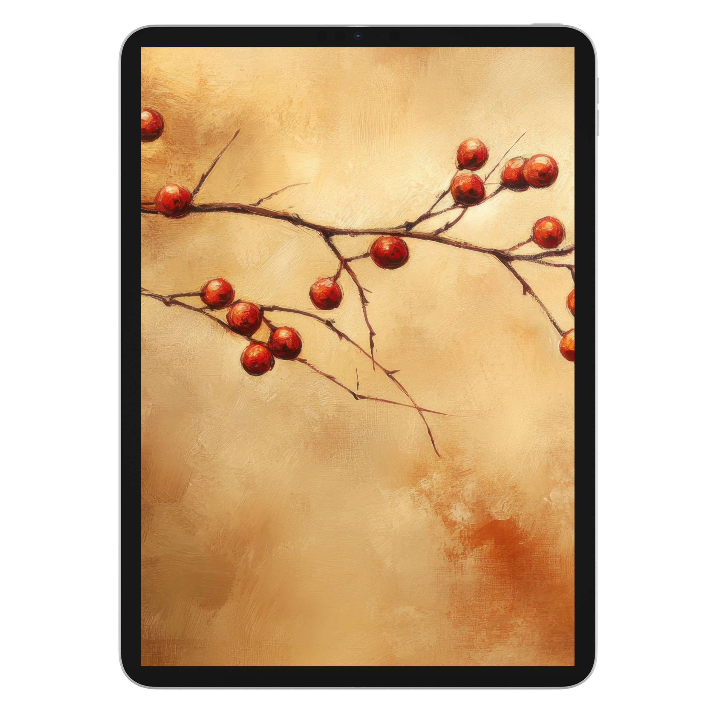 Fall iPad wallpaper with elegant red berries on branches, offering a serene tablet background, perfect for digital download in earthy tones