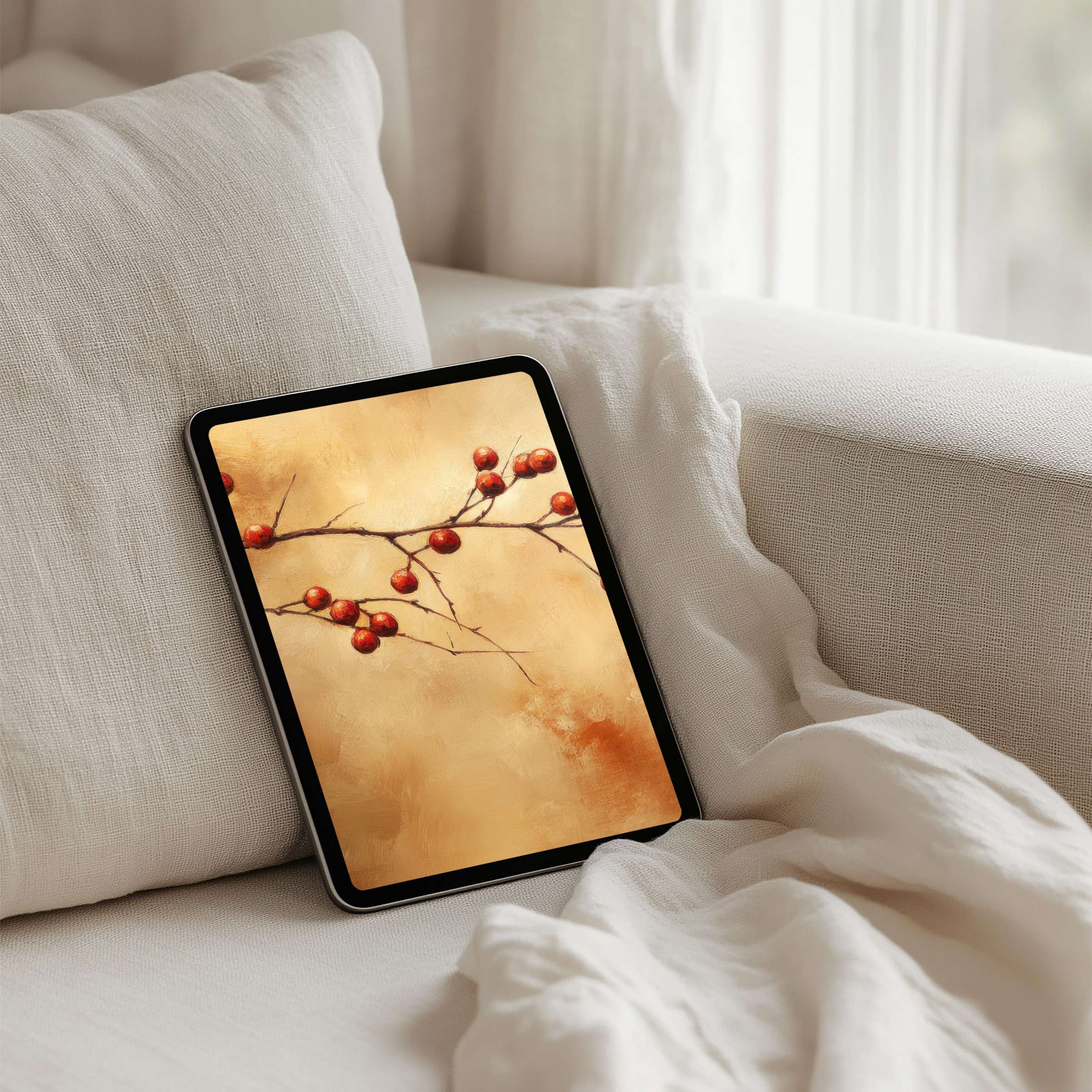 Elegant iPad background with calming autumnal branches evokes mindfulness and serenity instant download for tablets enhances style