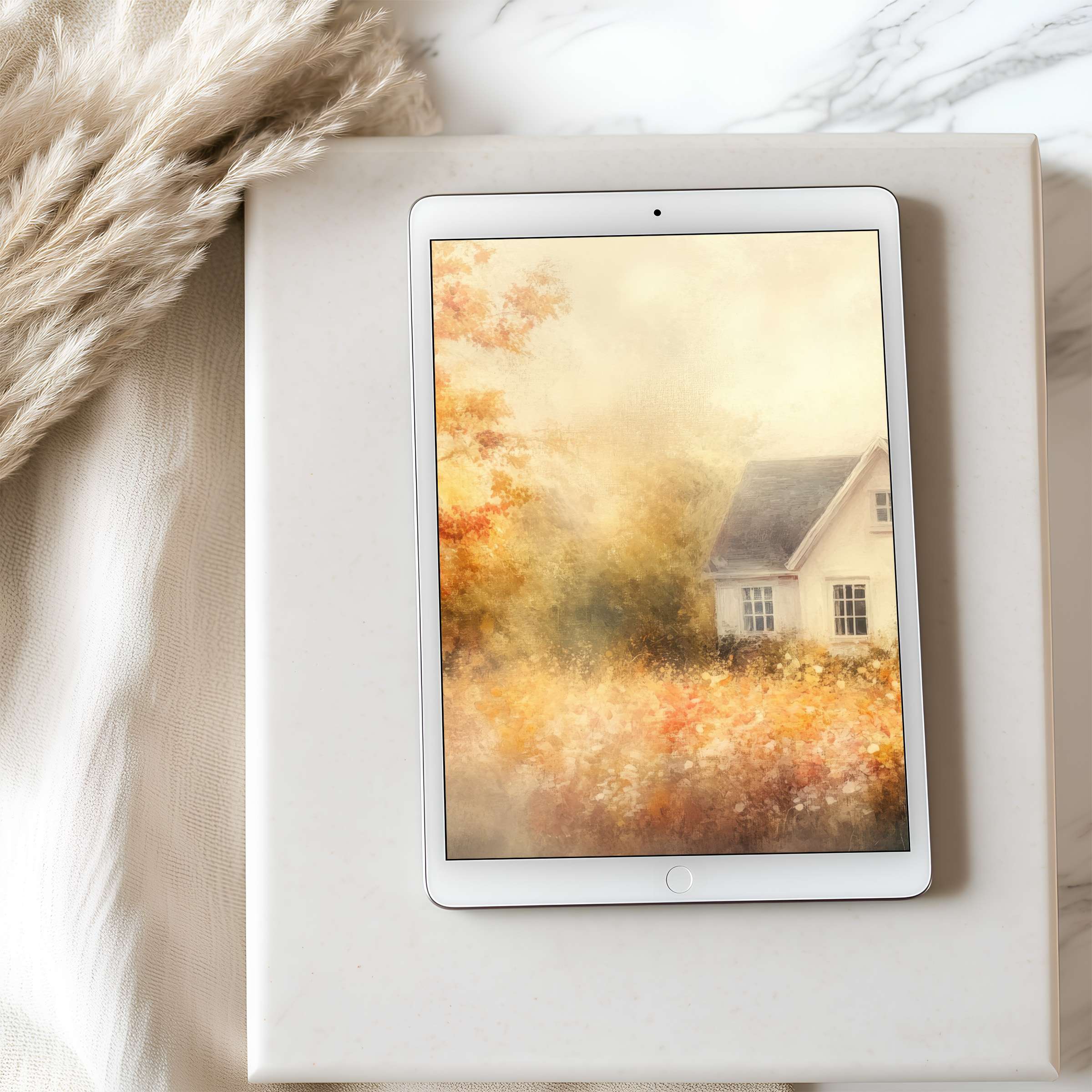 Elegant autumn scene tablet wallpaper on iPad, featuring cozy cottage amidst serene fall foliage, perfect for calm digital downloads
