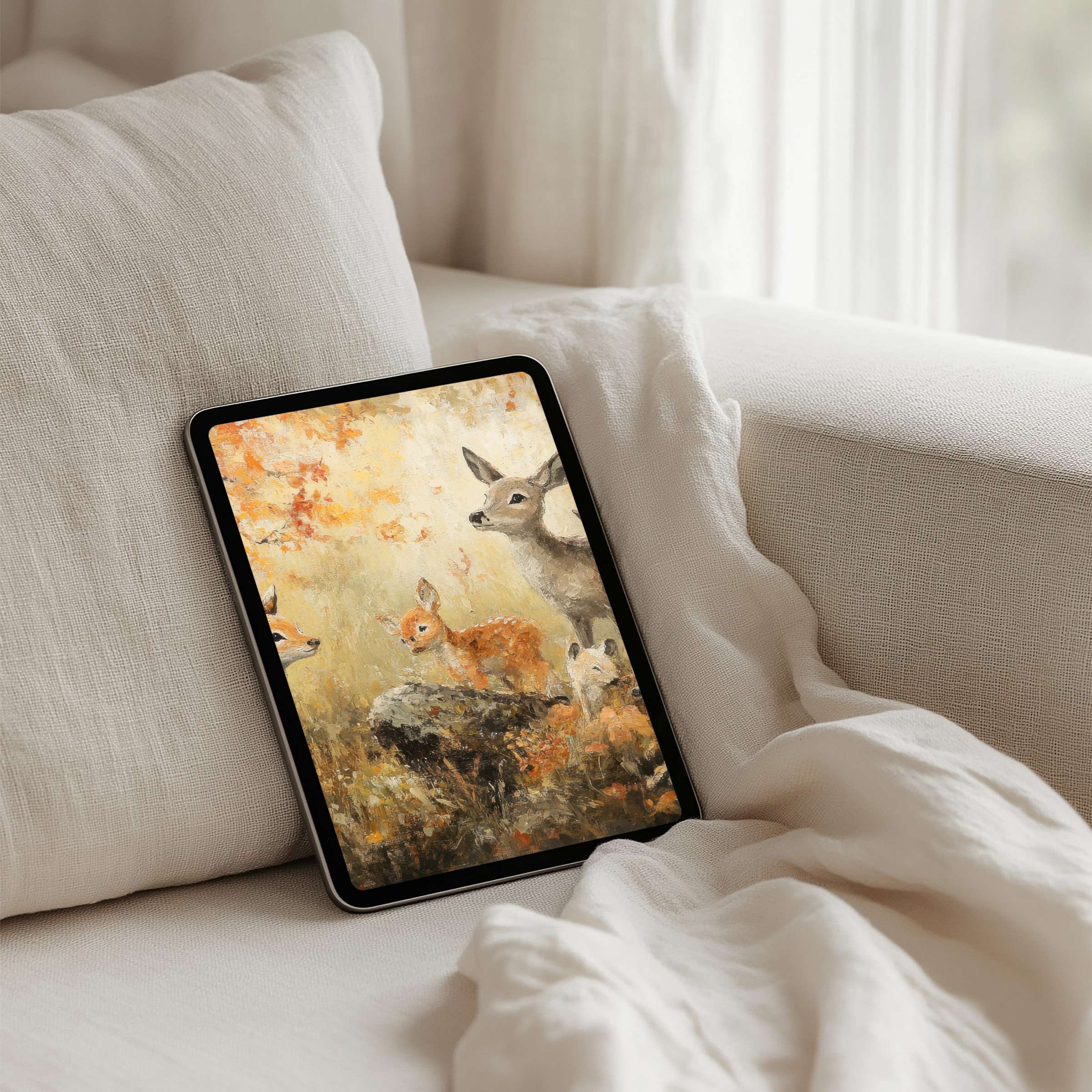 Elegant iPad background with serene deer in autumn hues offers calm inspiration for any tablet user seeking instant download