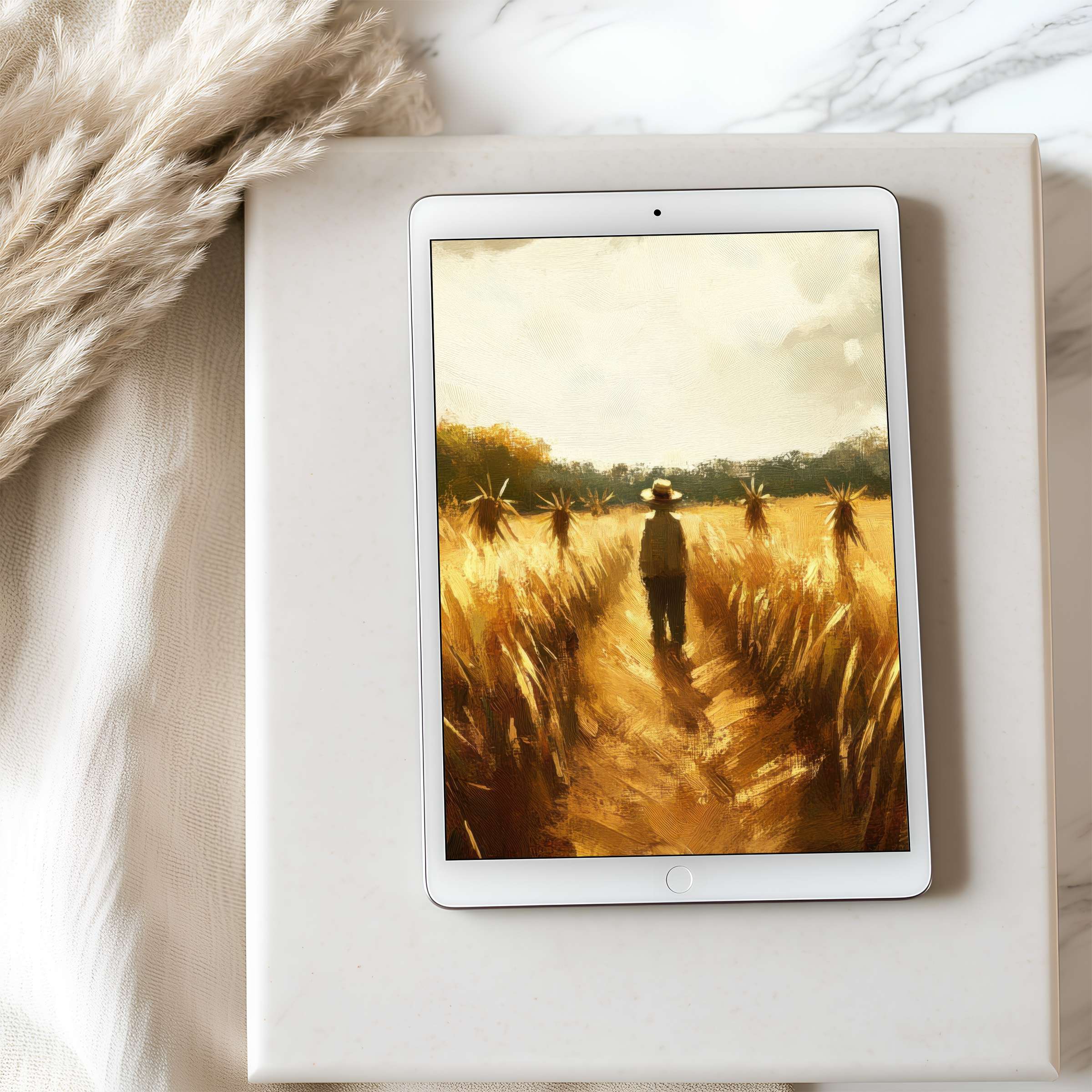 Elegant tablet wallpaper featuring a serene autumn field painting in warm tones perfect for high-resolution iPad and Android downloads