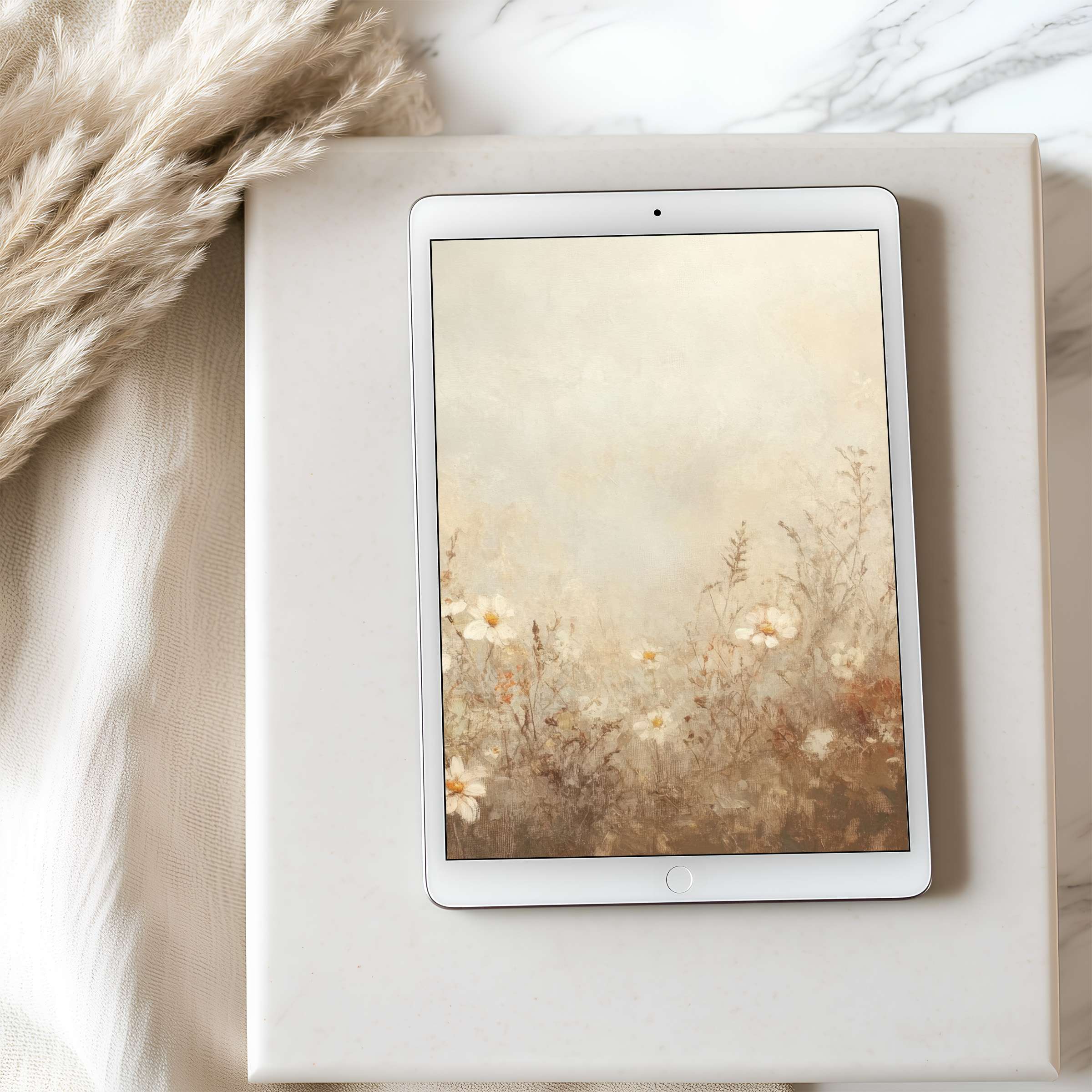 Elegant tablet wallpaper features a serene floral motif with soft beige hues, perfect for iPad and Android digital download, enhancing tranquility
