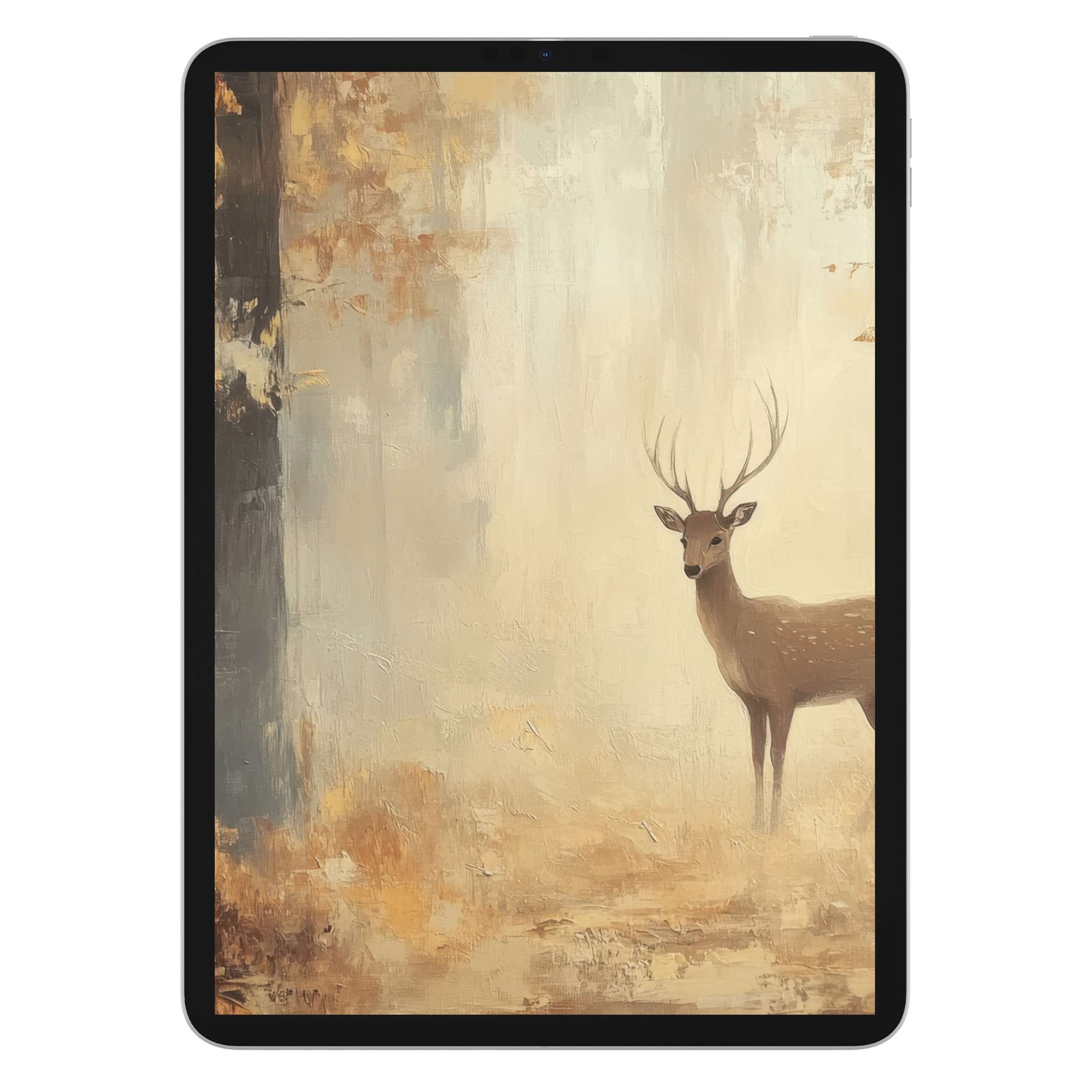Elegant fall iPad wallpaper featuring a serene deer in a textured background, perfect digital download for any tablet device
