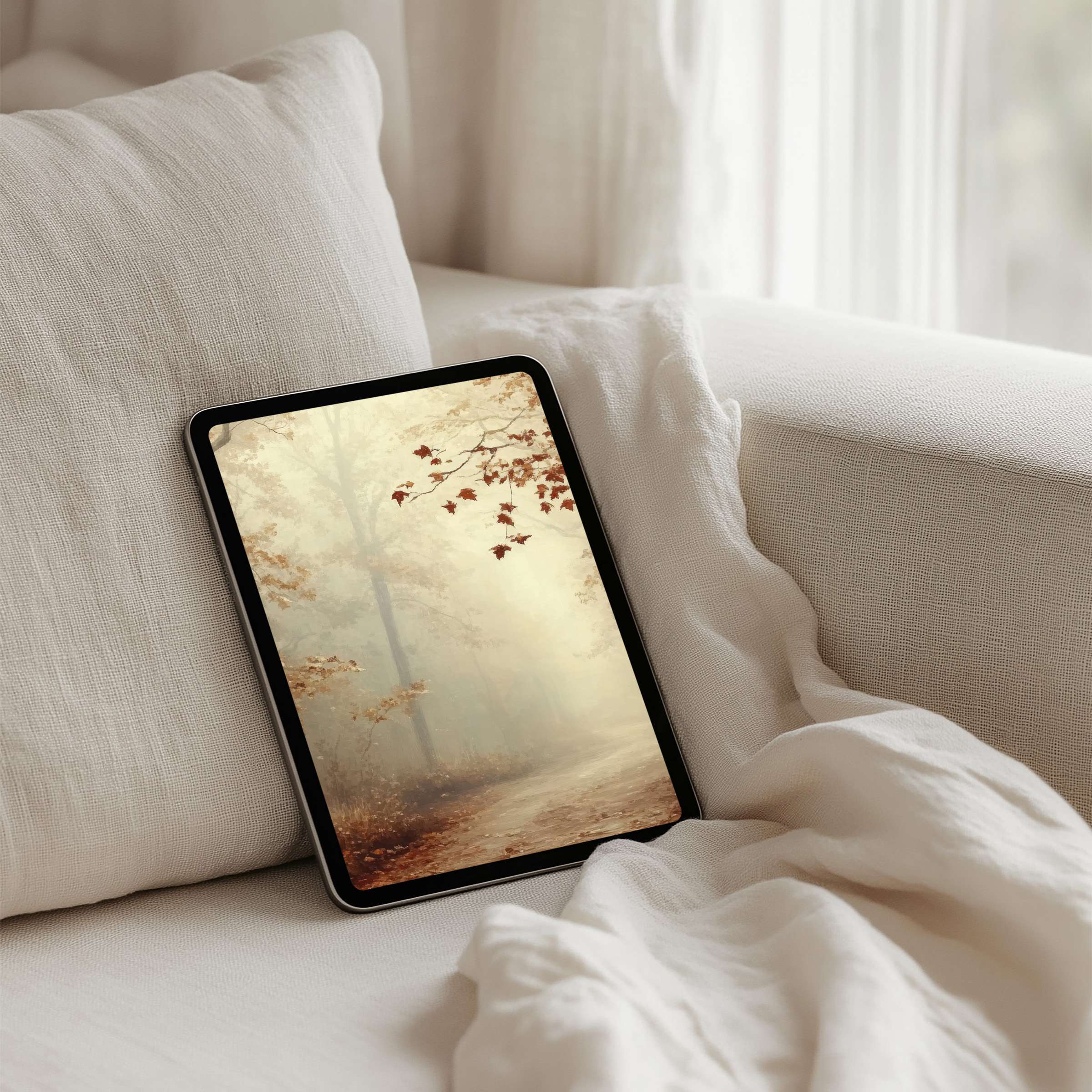 Elegant autumn forest iPad background evokes calm and inspiration, perfect for tablet users seeking instant download and mindfulness