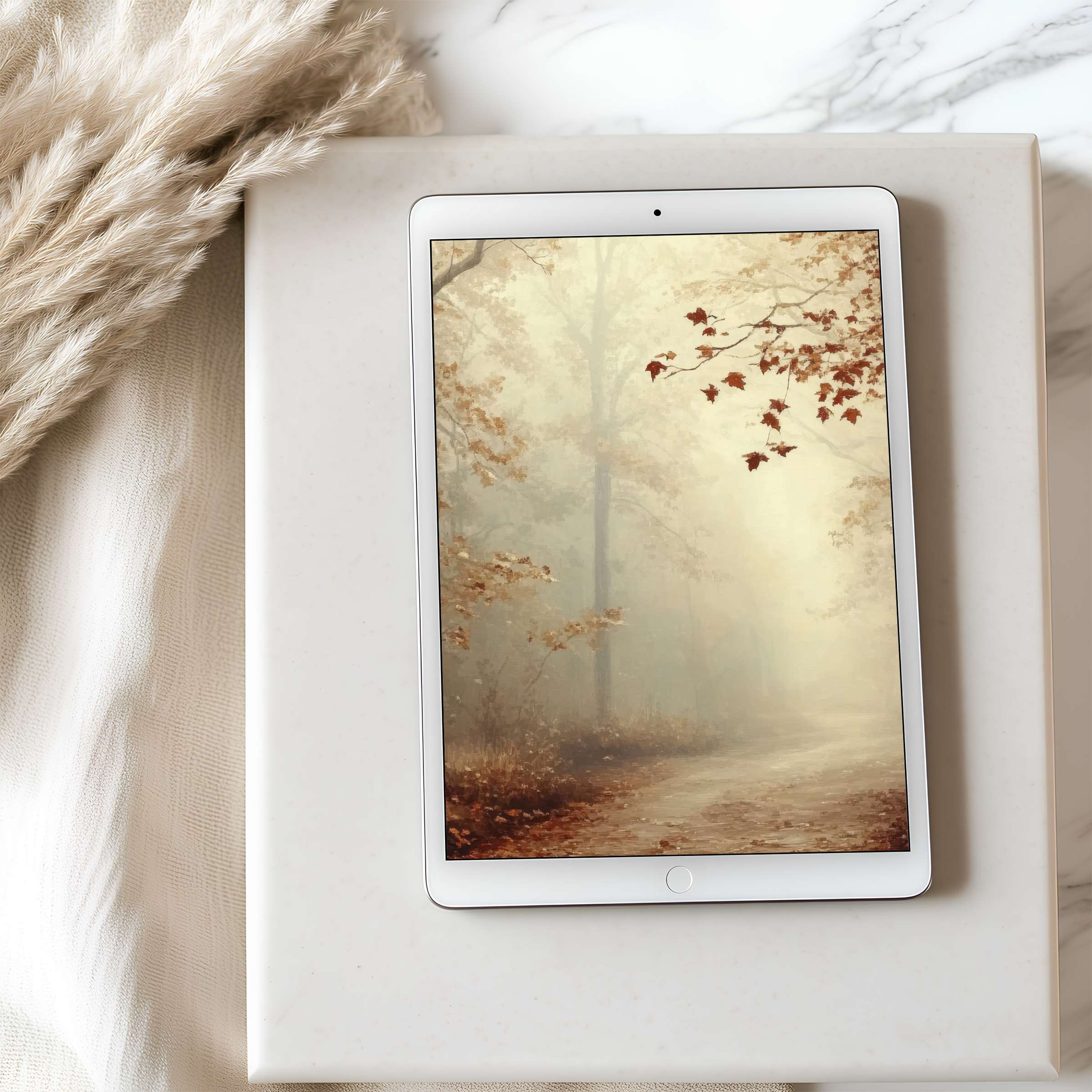 Serene forest scene tablet wallpaper in high resolution for iPad; elegant autumn colors evoke calm; perfect digital download