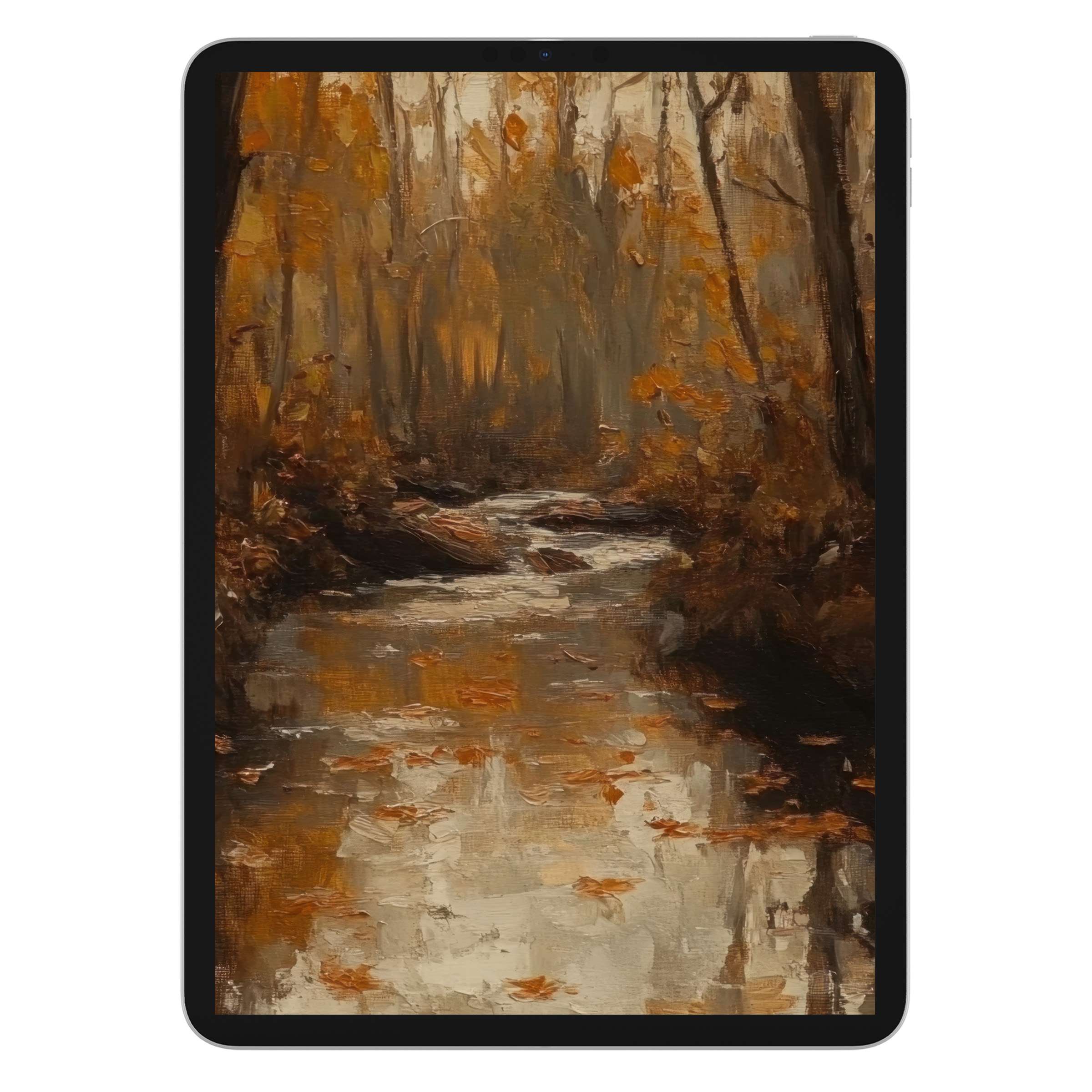 Impressionist fall iPad wallpaper with a serene forest stream and golden leaves enhances tablet backgrounds with a digital download option