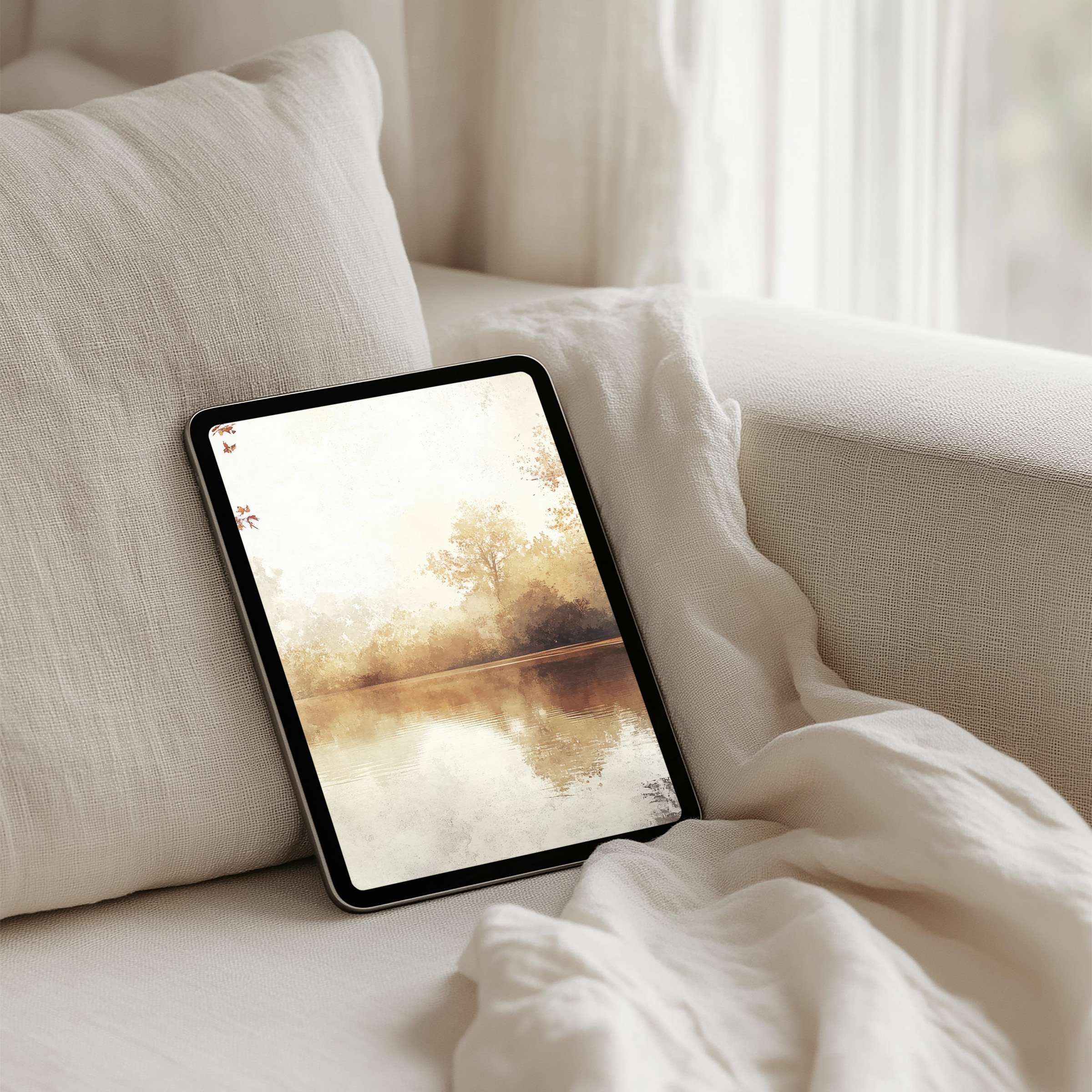 Serene watercolor landscape iPad background on tablet inspires calm and mindfulness available for instant download and fits all tablets