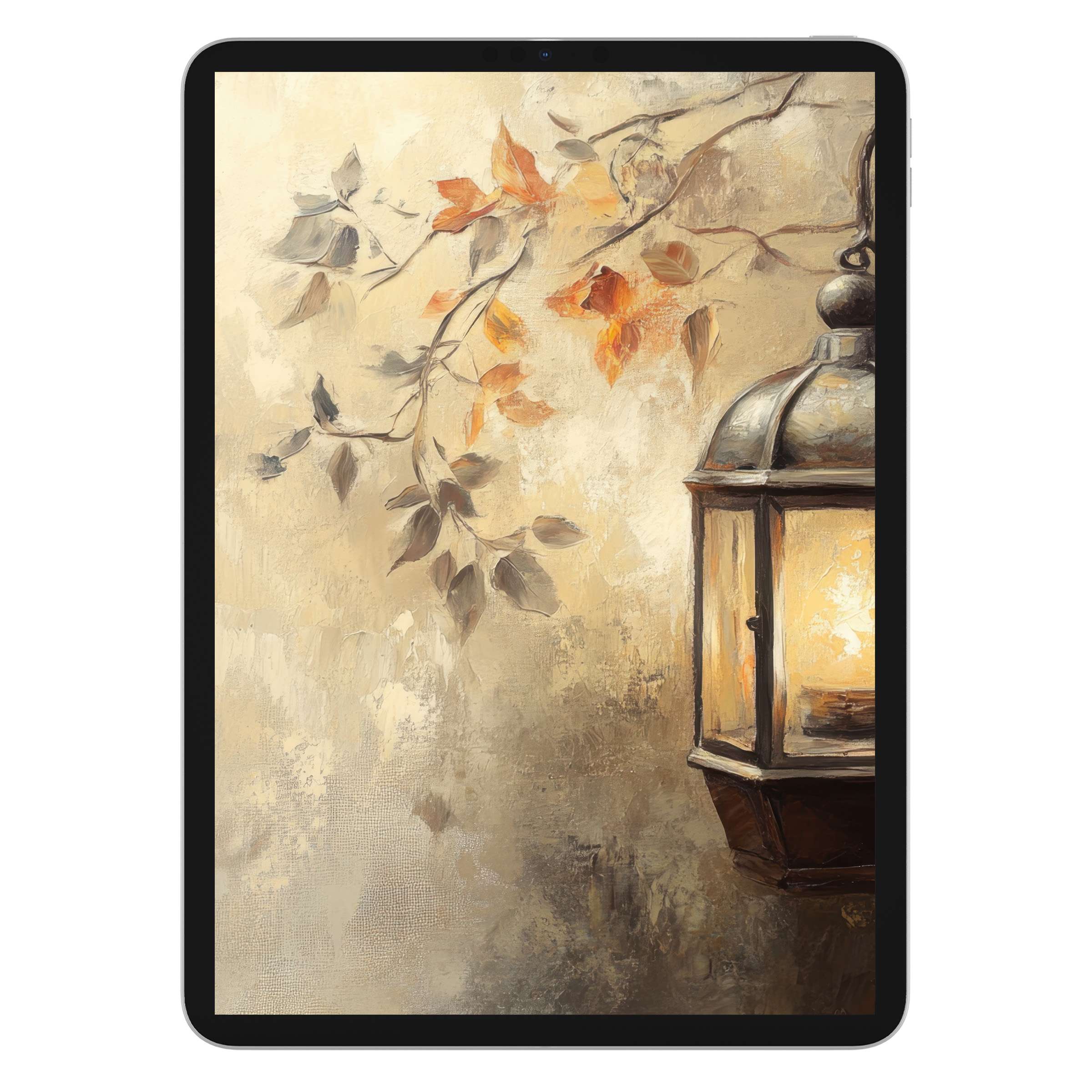 Elegant fall iPad wallpaper features warm autumn leaves and a glowing lantern, ideal digital download for tablet background art