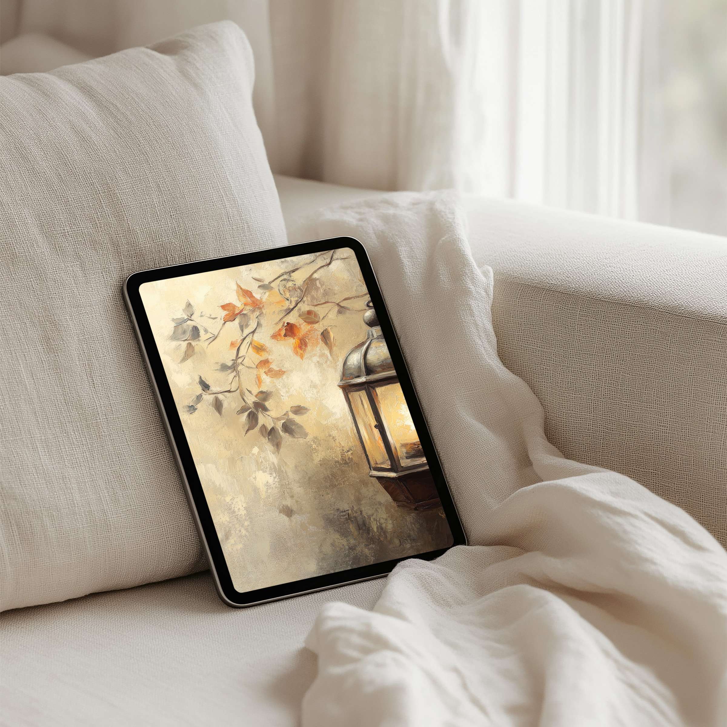 Elegant iPad background with artistic autumn leaves and lantern evokes calm and inspiration instant download for any tablet