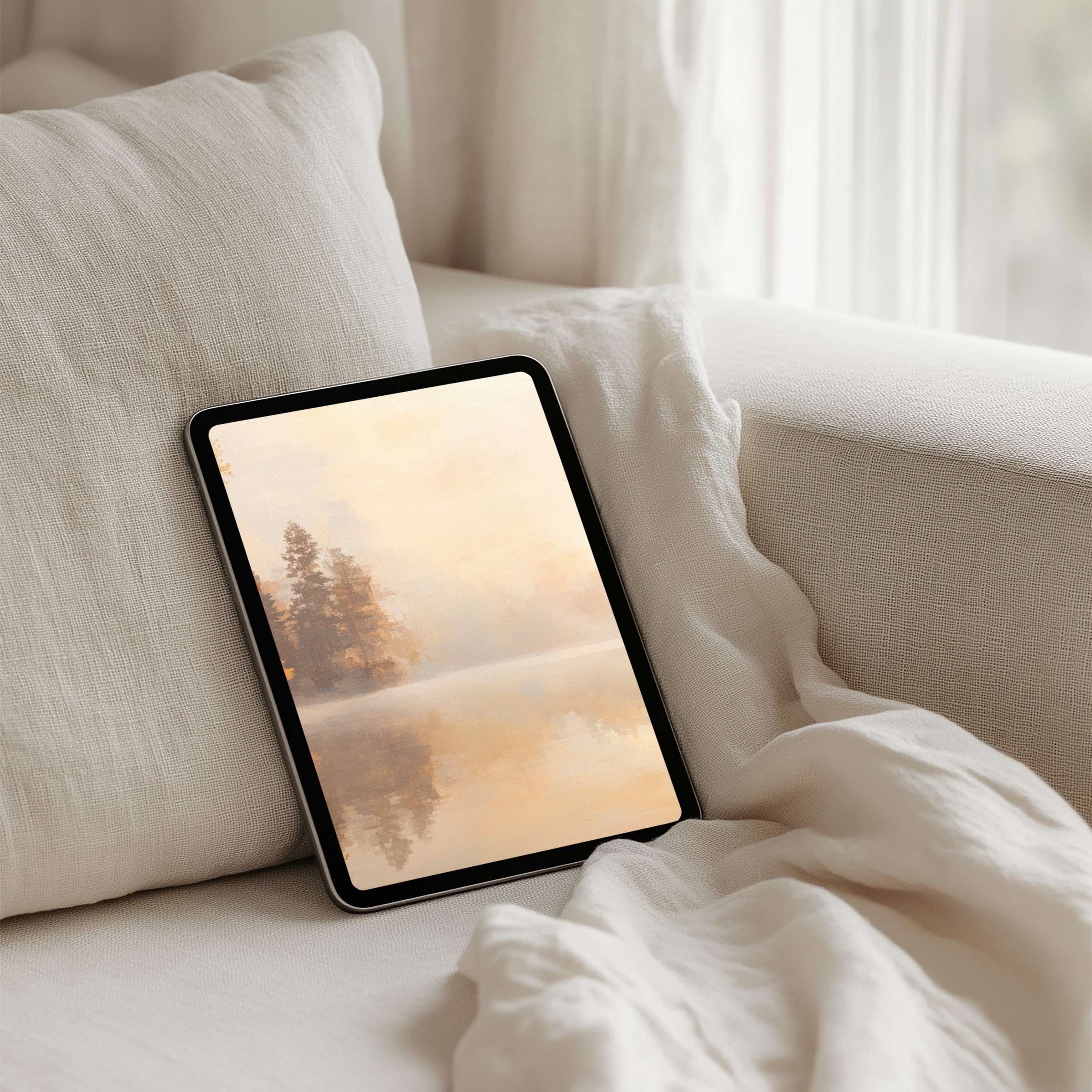 Calming misty forest iPad background for tablets brings elegance and inspiration to your device, available for instant download