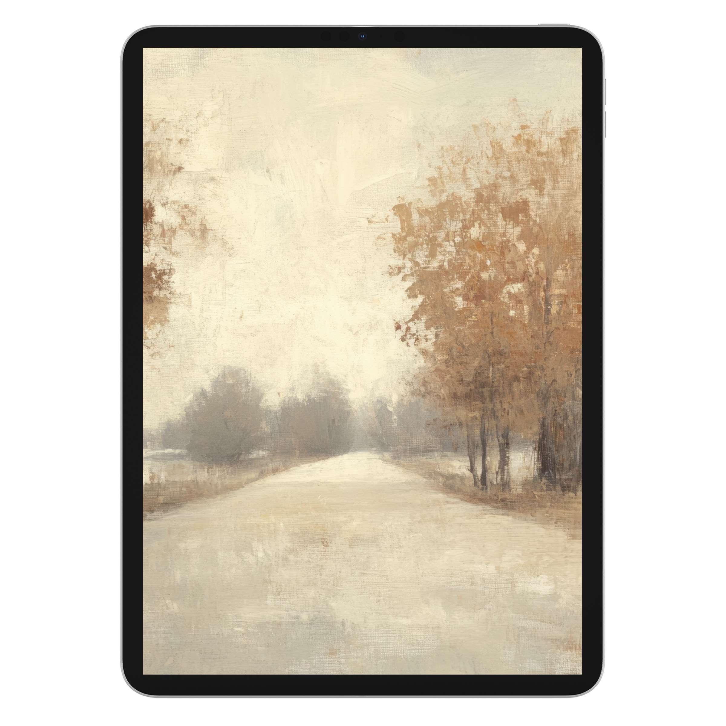 Elegant fall iPad wallpaper showcasing an inspiring digital download with serene autumn trees, ideal for tablet background ambiance