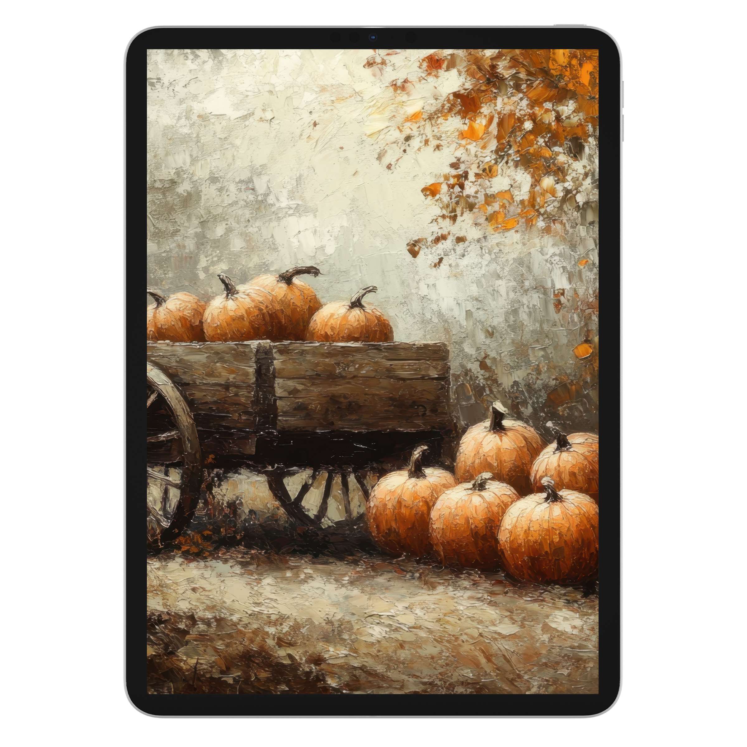 Elegant fall iPad wallpaper featuring rustic pumpkins in a textured digital download, perfect for tablet background, serene autumn mood