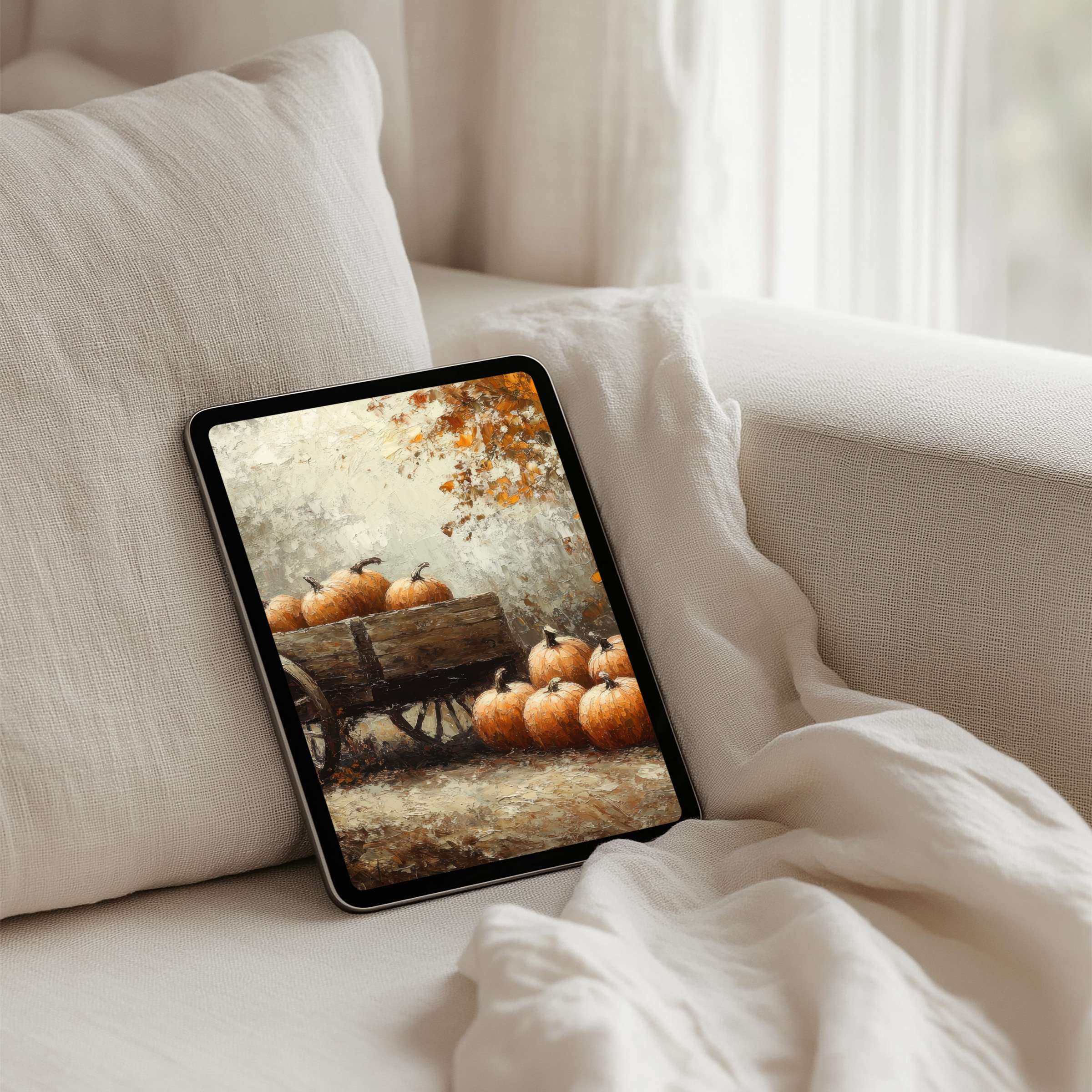 Elegant autumn art with pumpkins on iPad background offers instant download for calming aesthetics on any tablet device