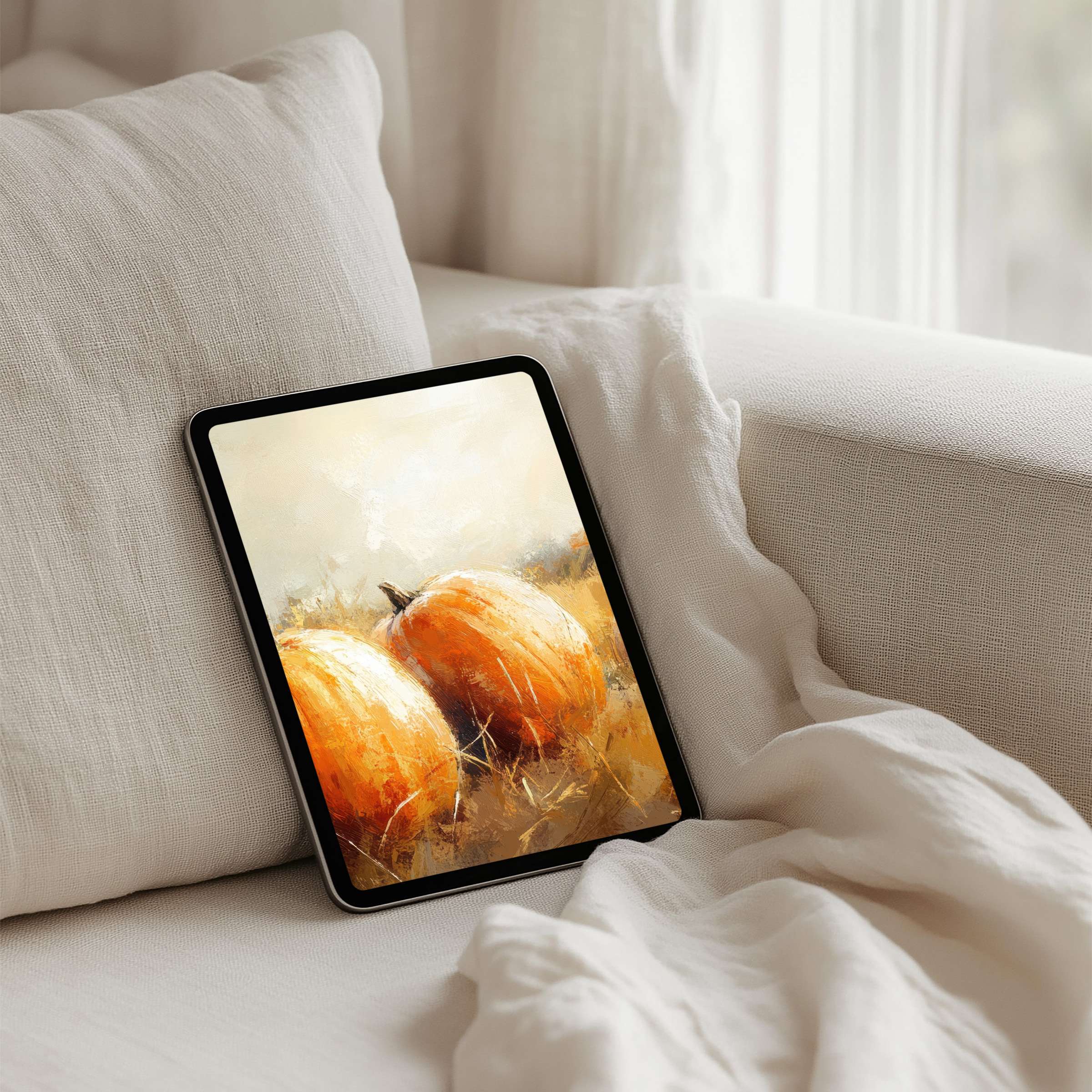 Elegant iPad background with serene autumn pumpkins in soft hues, inspiring calm and mindfulness, instant download for tablet enthusiasts