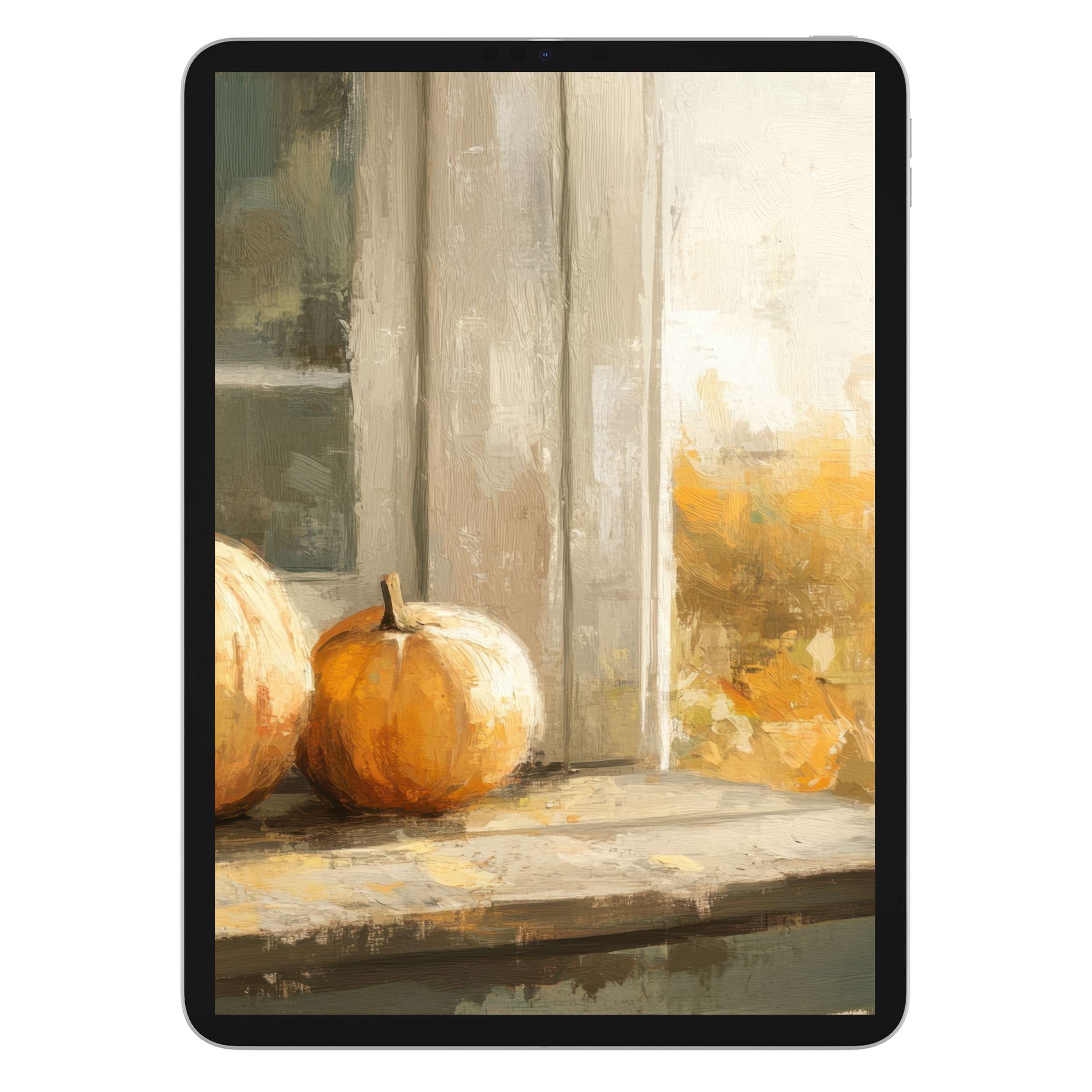 Elegant fall iPad wallpaper with pumpkins against a textured rustic background, perfect digital download for all tablets