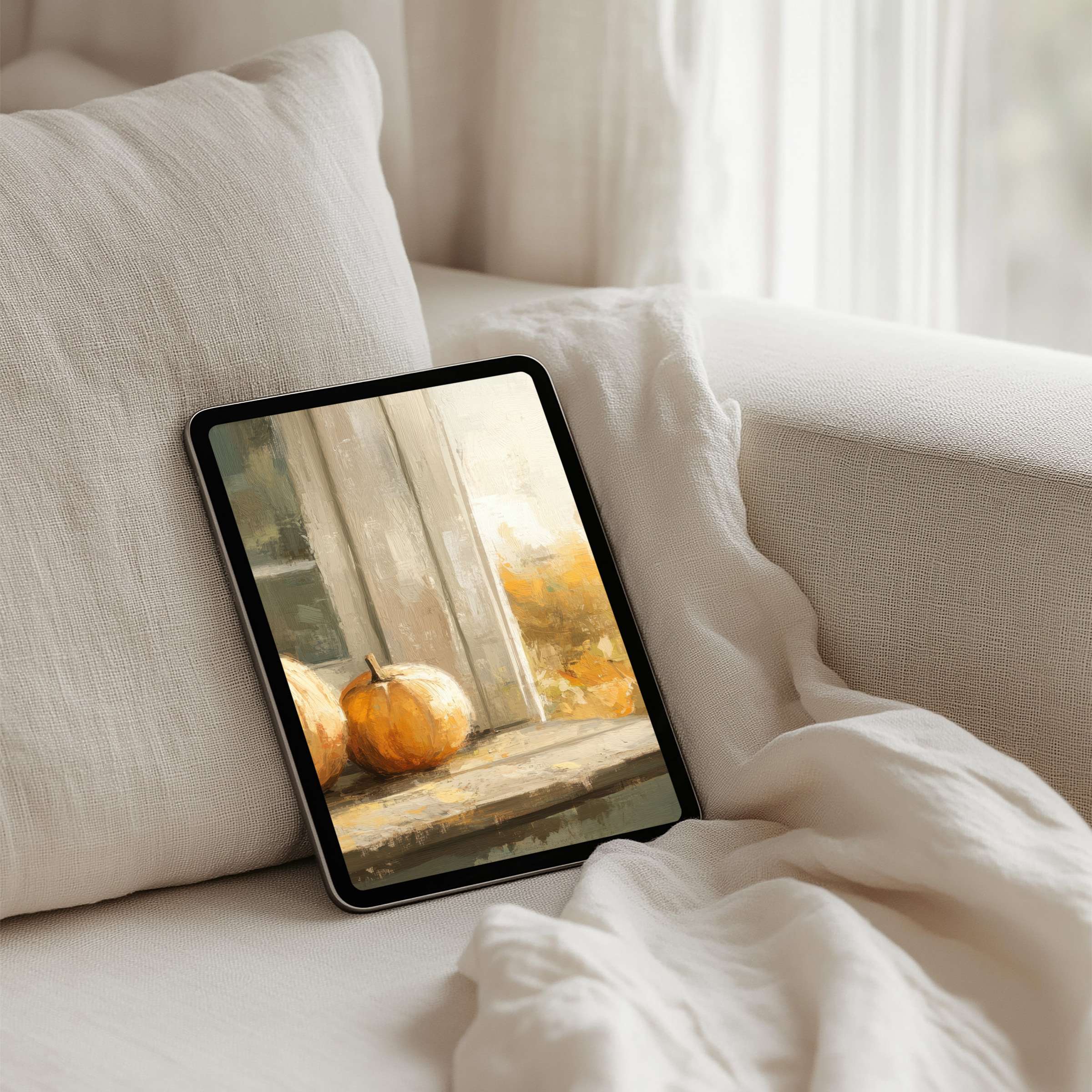 Elegant autumn scene with pumpkins on an iPad background brings calm inspiration, perfect for instant download on any tablet