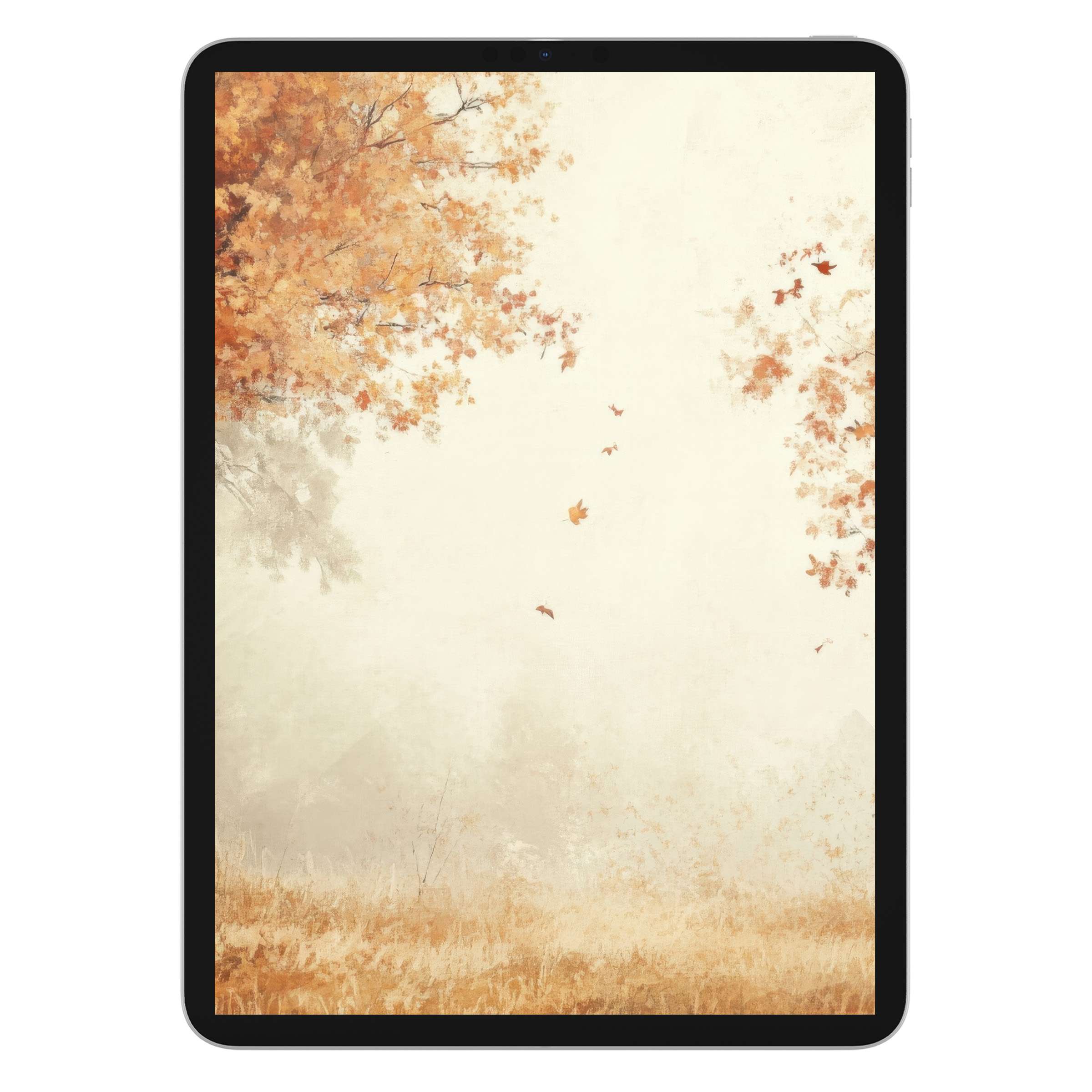 Elegant fall iPad wallpaper with warm orange leaves gently floating on a soft, beige background ideal for tablet digital download