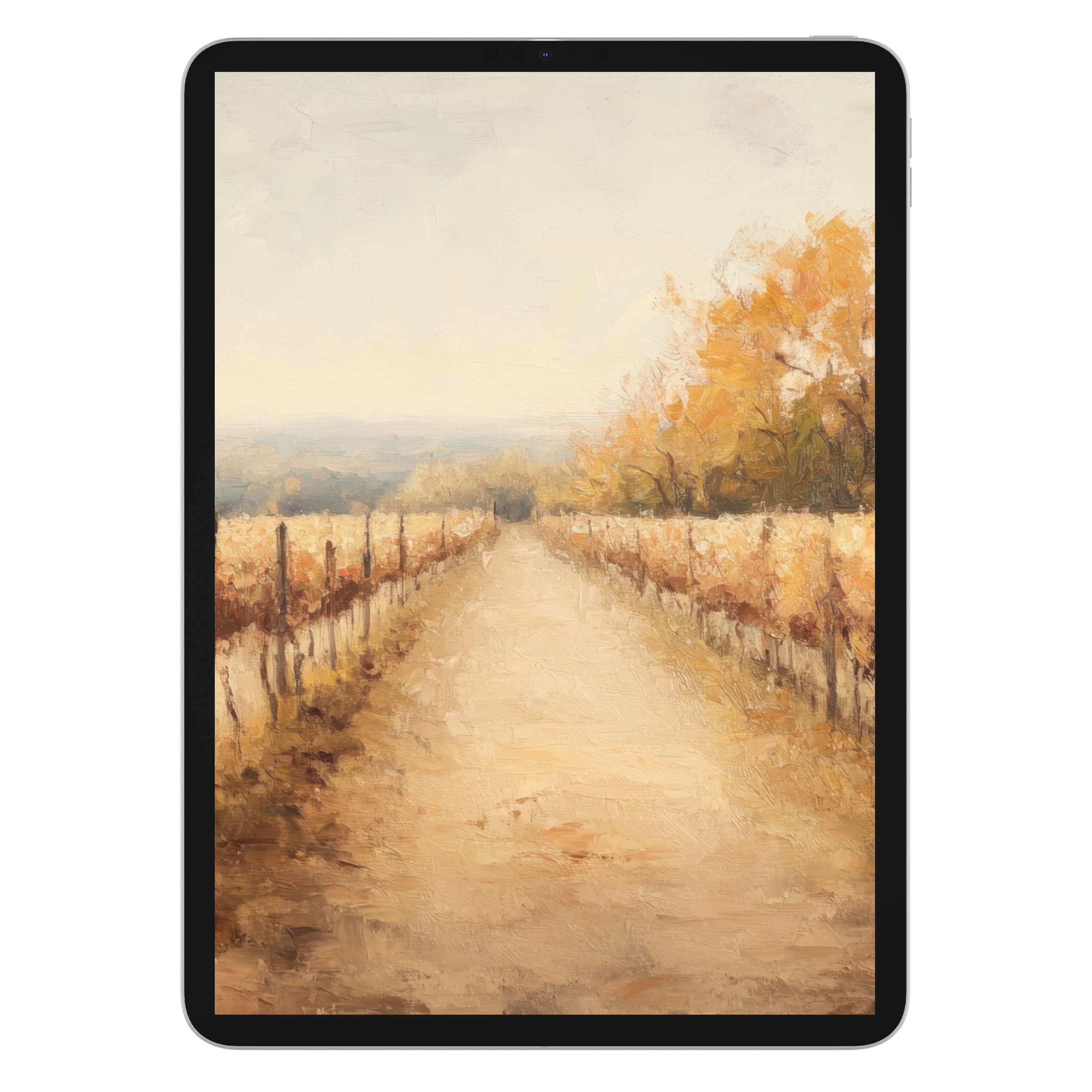 Elegant fall iPad wallpaper featuring a serene path with golden leaves, perfect digital download for tablet background and tranquility