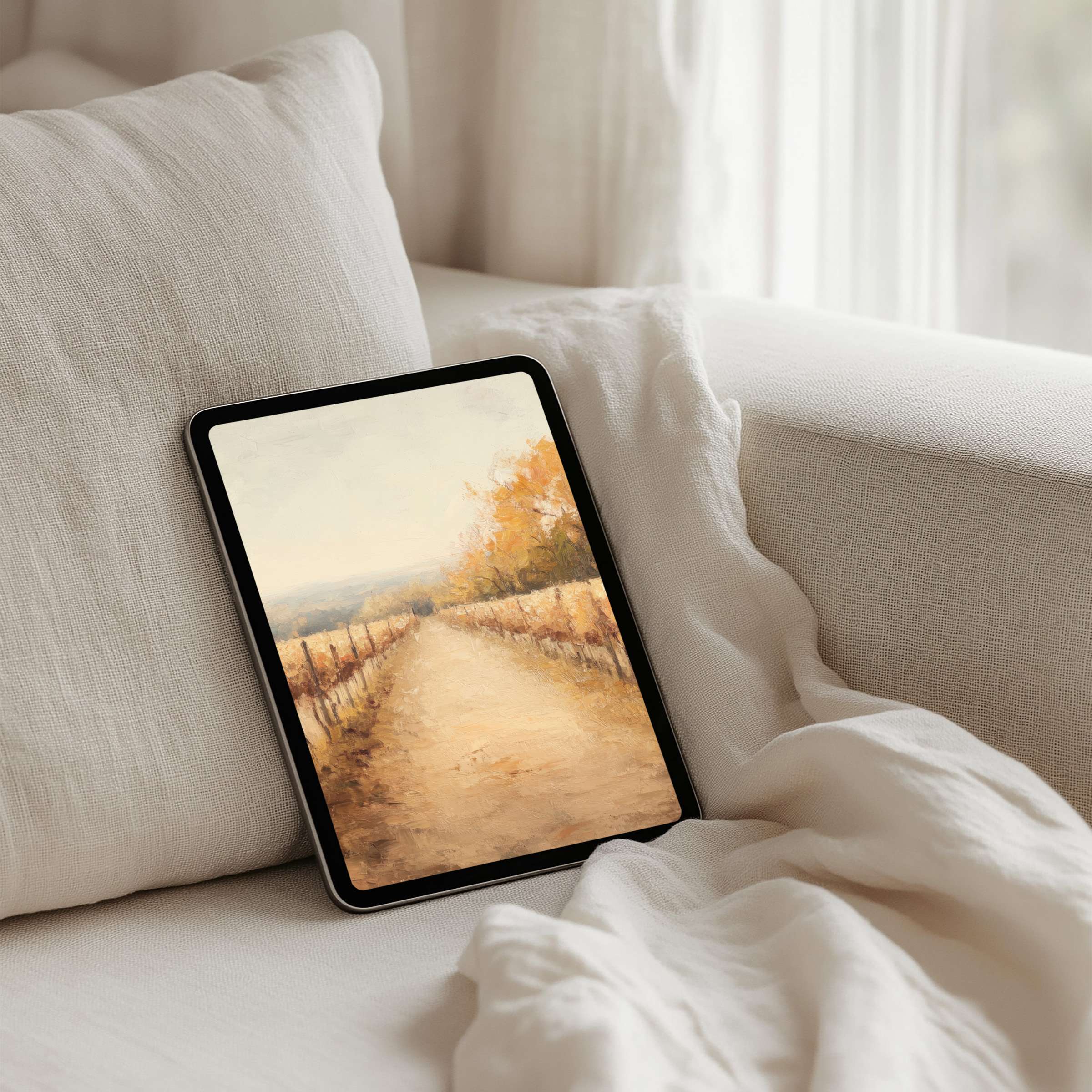 Elegant iPad background with serene landscape for instant download fitting all tablets creating calm, mindful inspiration