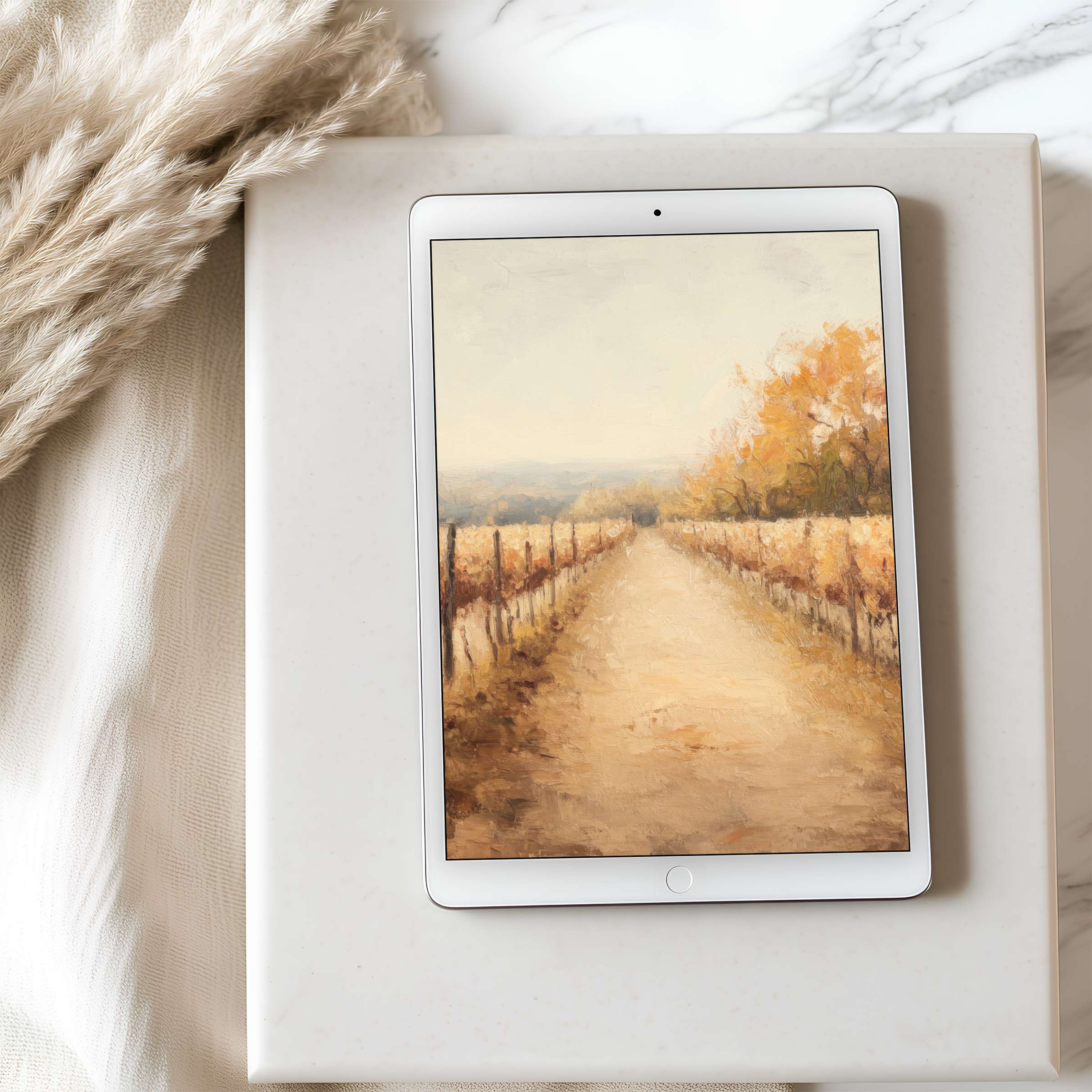Warm autumn landscape tablet wallpaper in soothing earth tones complements elegant interiors perfect for iPad and Android digital download