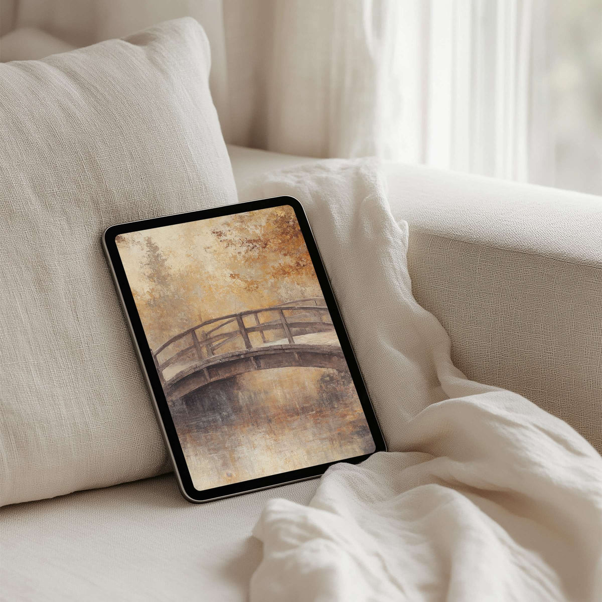 Elegant watercolor bridge scene for iPad background offers instant download for tablet users seeking serene inspiration and calm