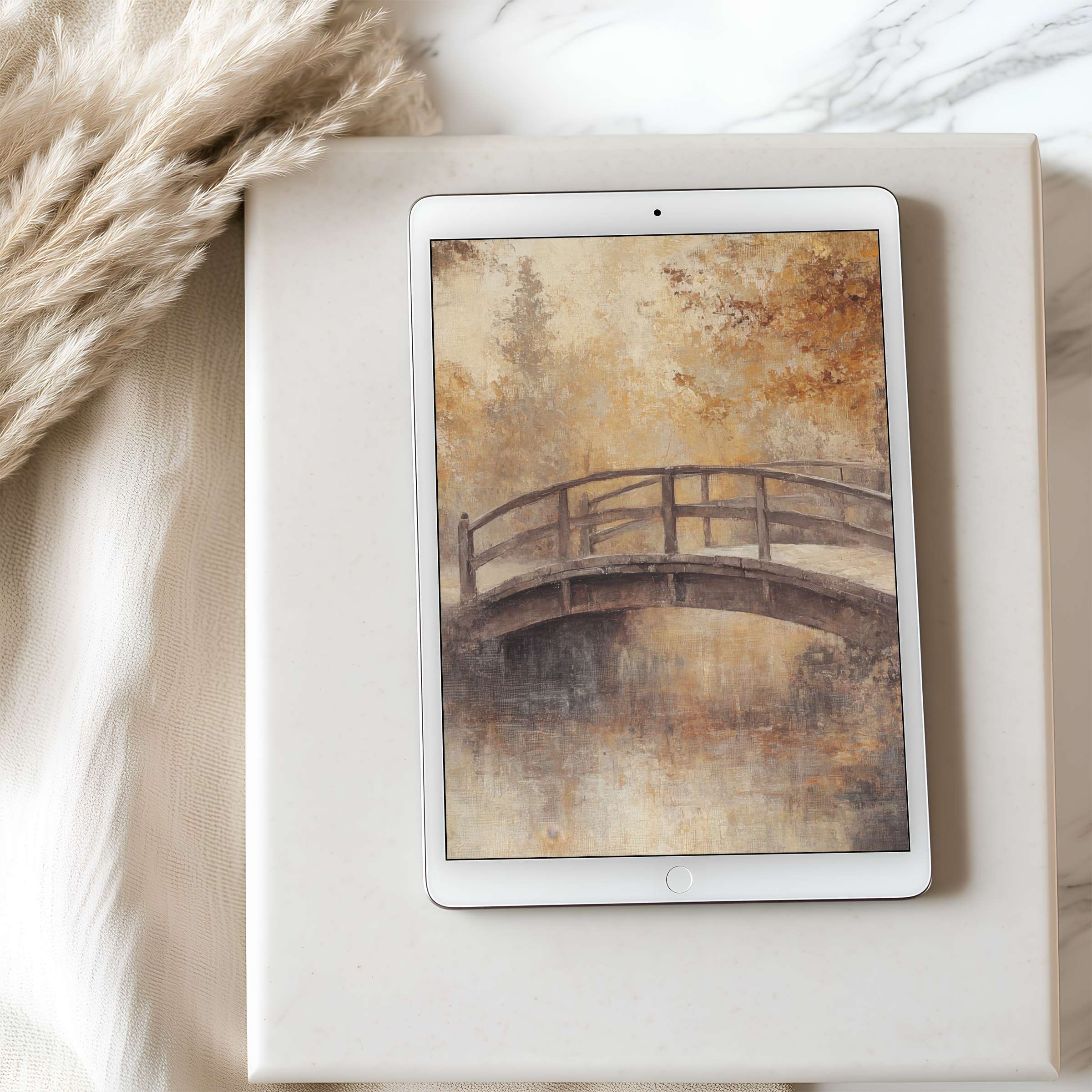 Elegant tablet wallpaper featuring a serene bridge over water in warm earthy tones, perfect for high-resolution digital download on iPad