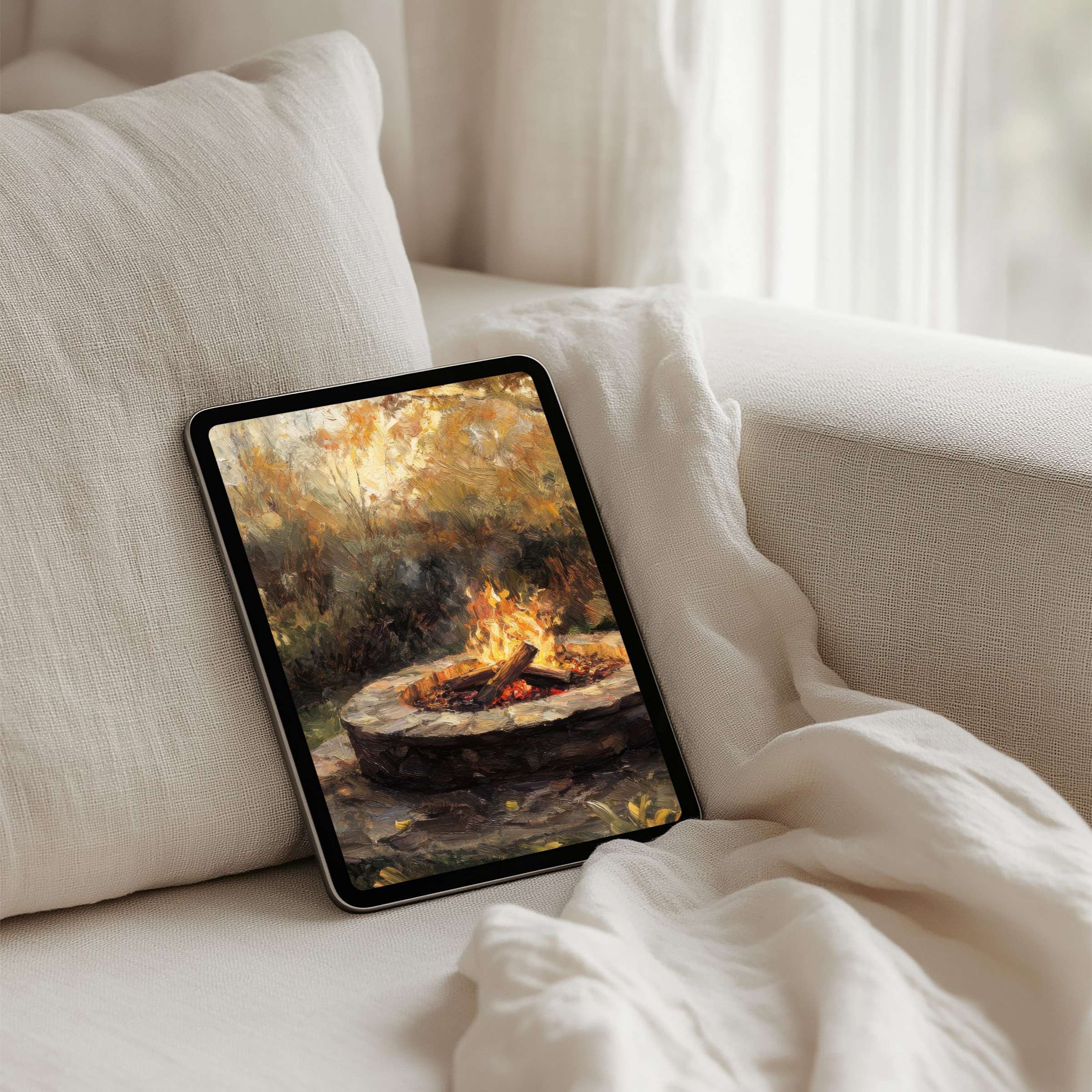 Elegant iPad background featuring a warm autumn bonfire scene offering instant download for tablets inspires calm and mindfulness