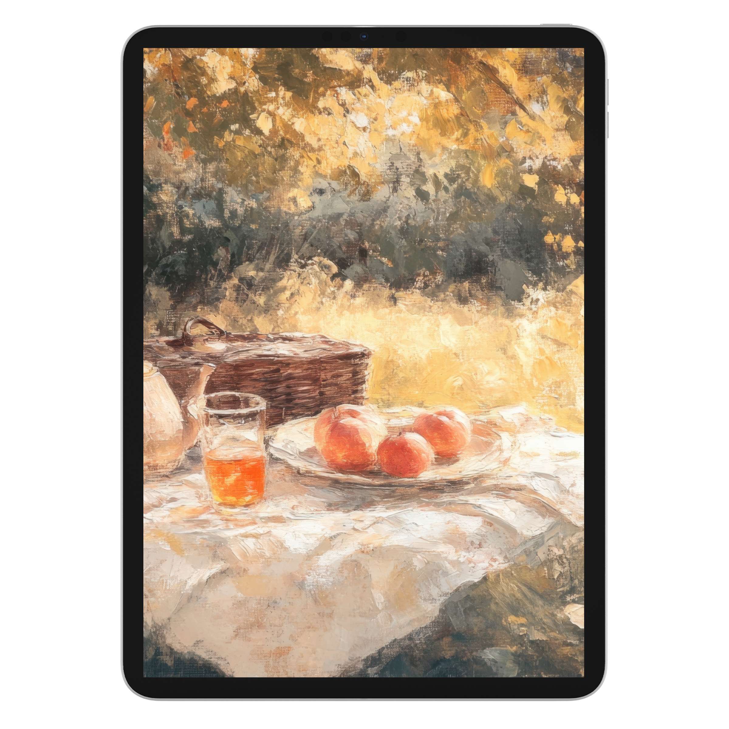 Elegant fall iPad wallpaper with earthy tones and picnic scene enhances your tablet background, offering a calming digital download