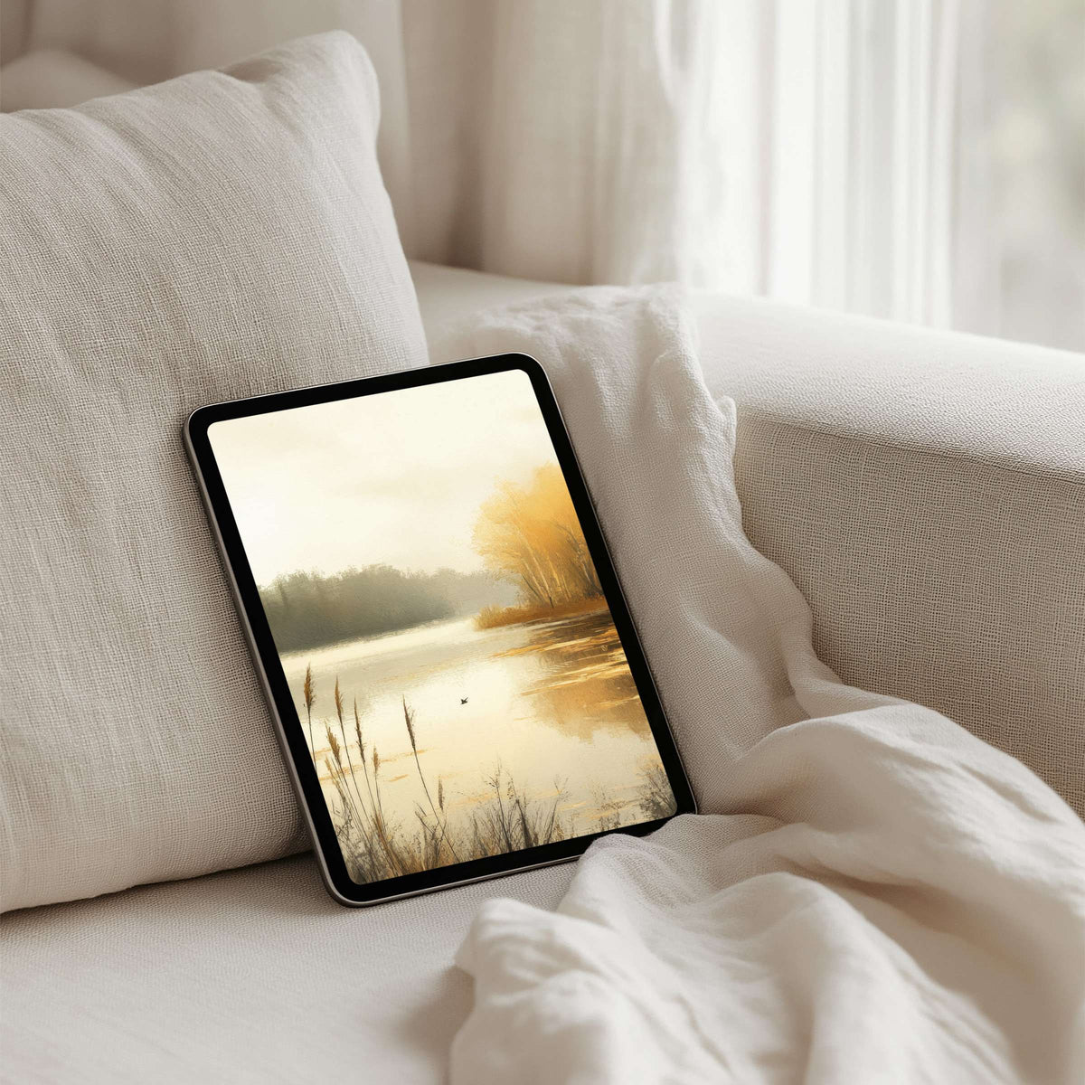 Elegant watercolor landscape iPad background offers instant download for tablets, inspiring calm and mindfulness with serene autumn hues
