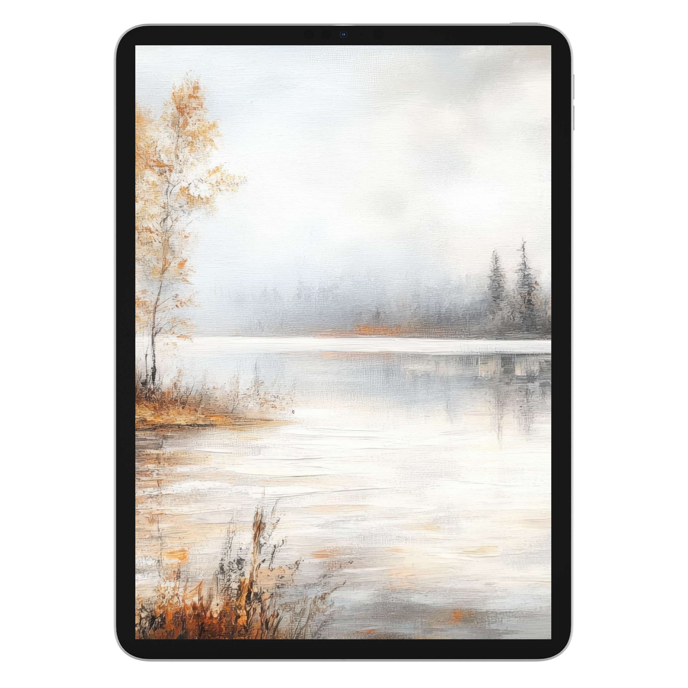 Elegant fall iPad wallpaper with serene lake and golden trees, perfect digital download for calming tablet background elegance