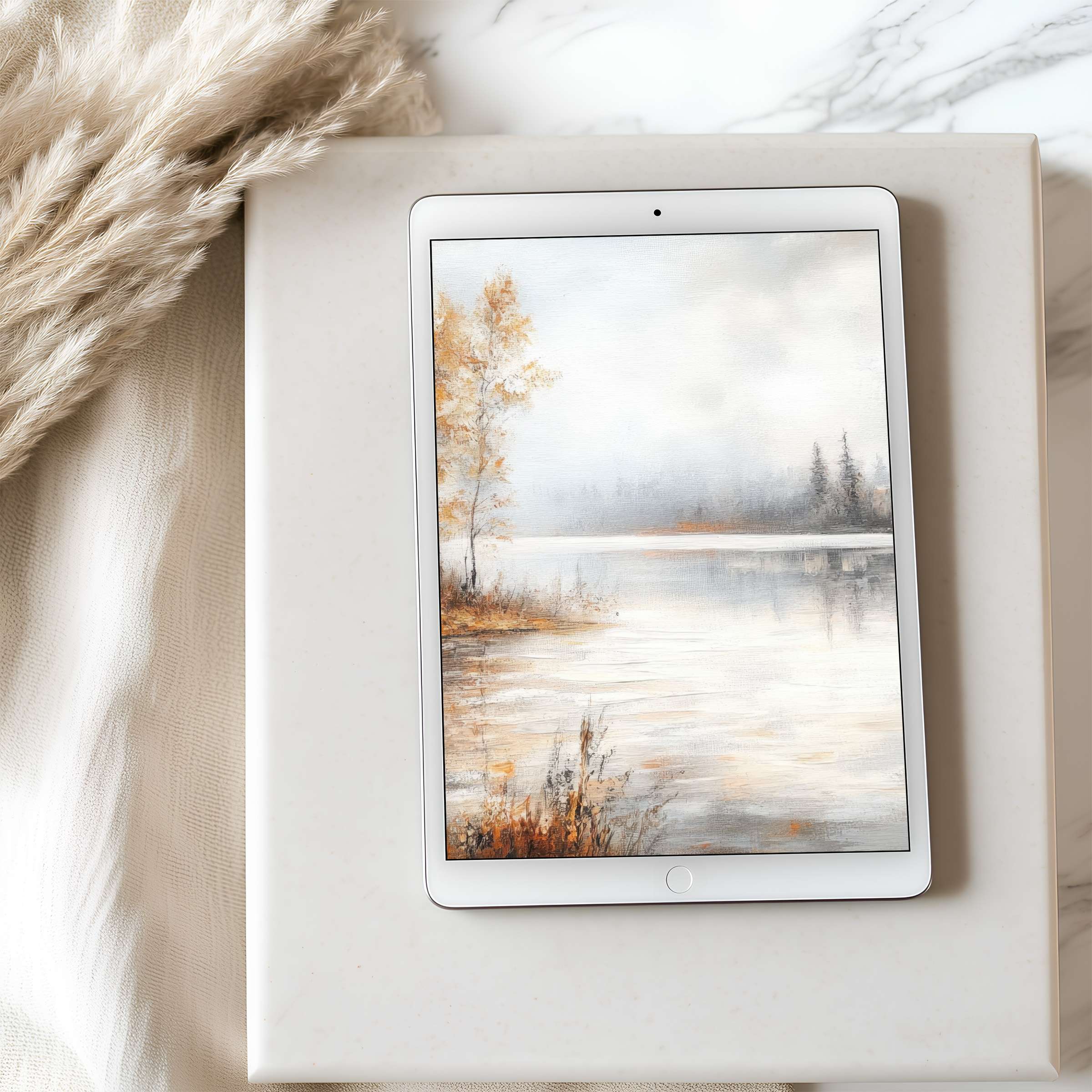 Tranquil autumn landscape tablet wallpaper on iPad, featuring soft hues and misty lake, perfect for high resolution digital download