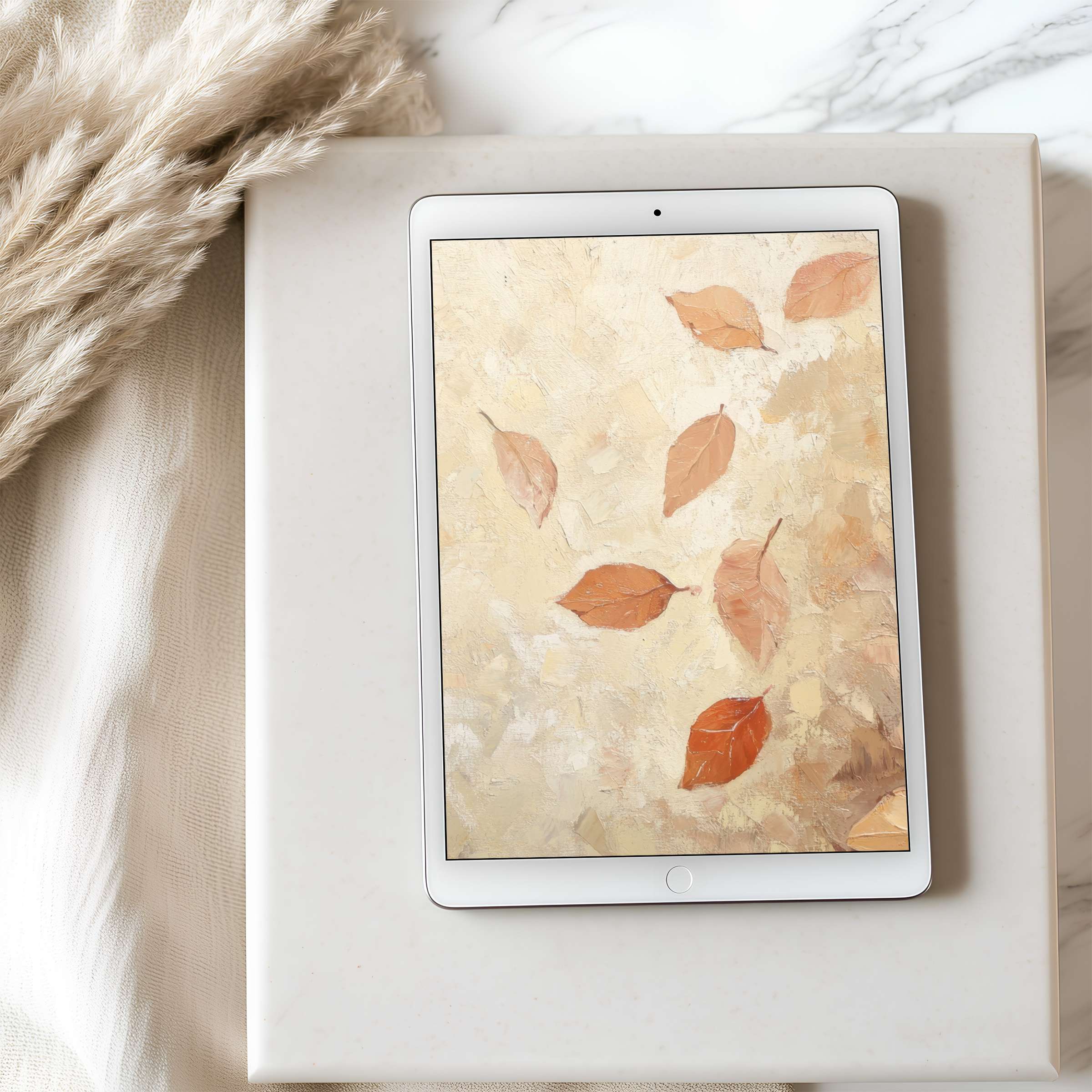 Elegant autumn leaves art in warm hues on tablet wallpaper offers high resolution for iPad and Android tablets digital download