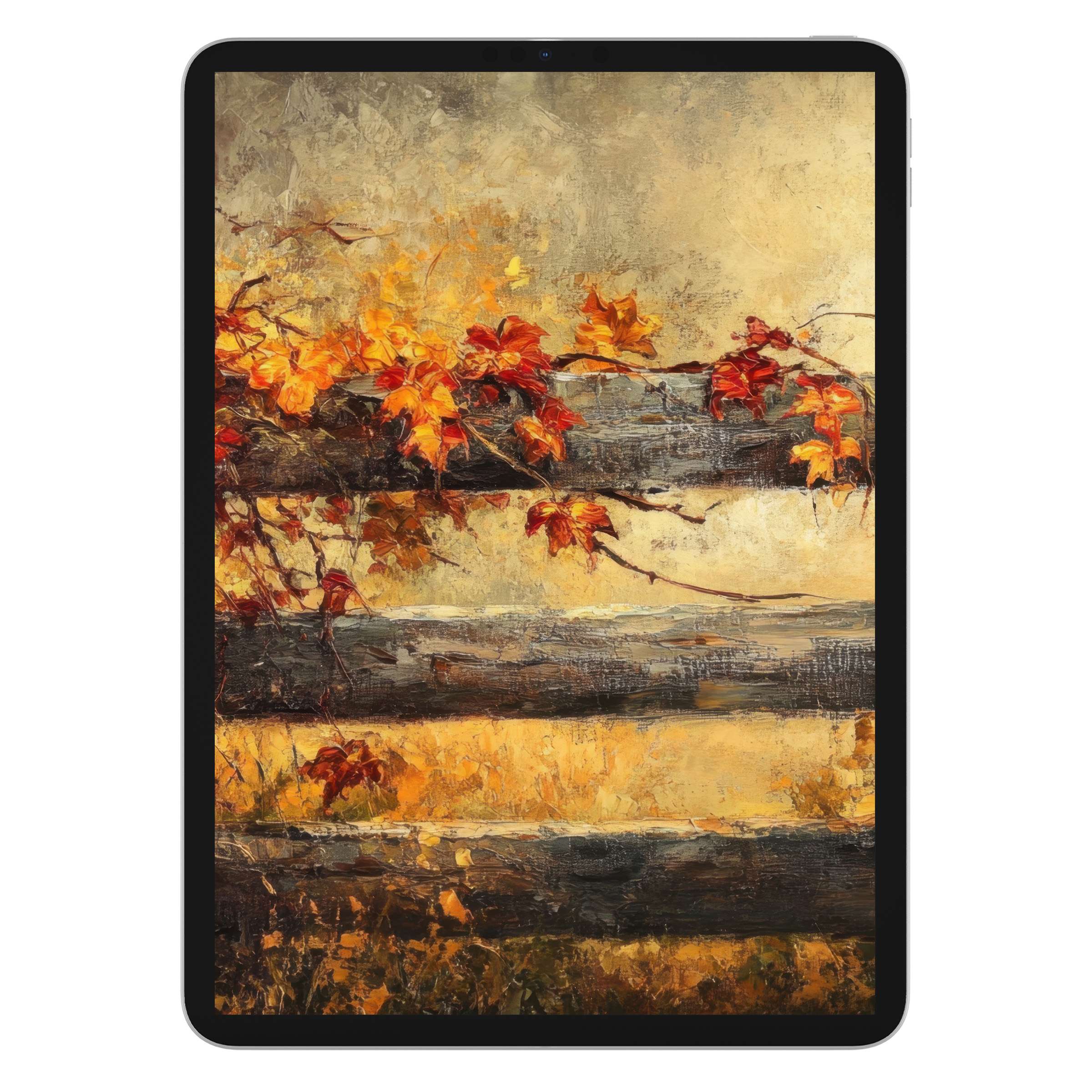 Elegant fall iPad wallpaper featuring vibrant autumn leaves on rustic wood, perfect tablet background digital download for calm inspiration