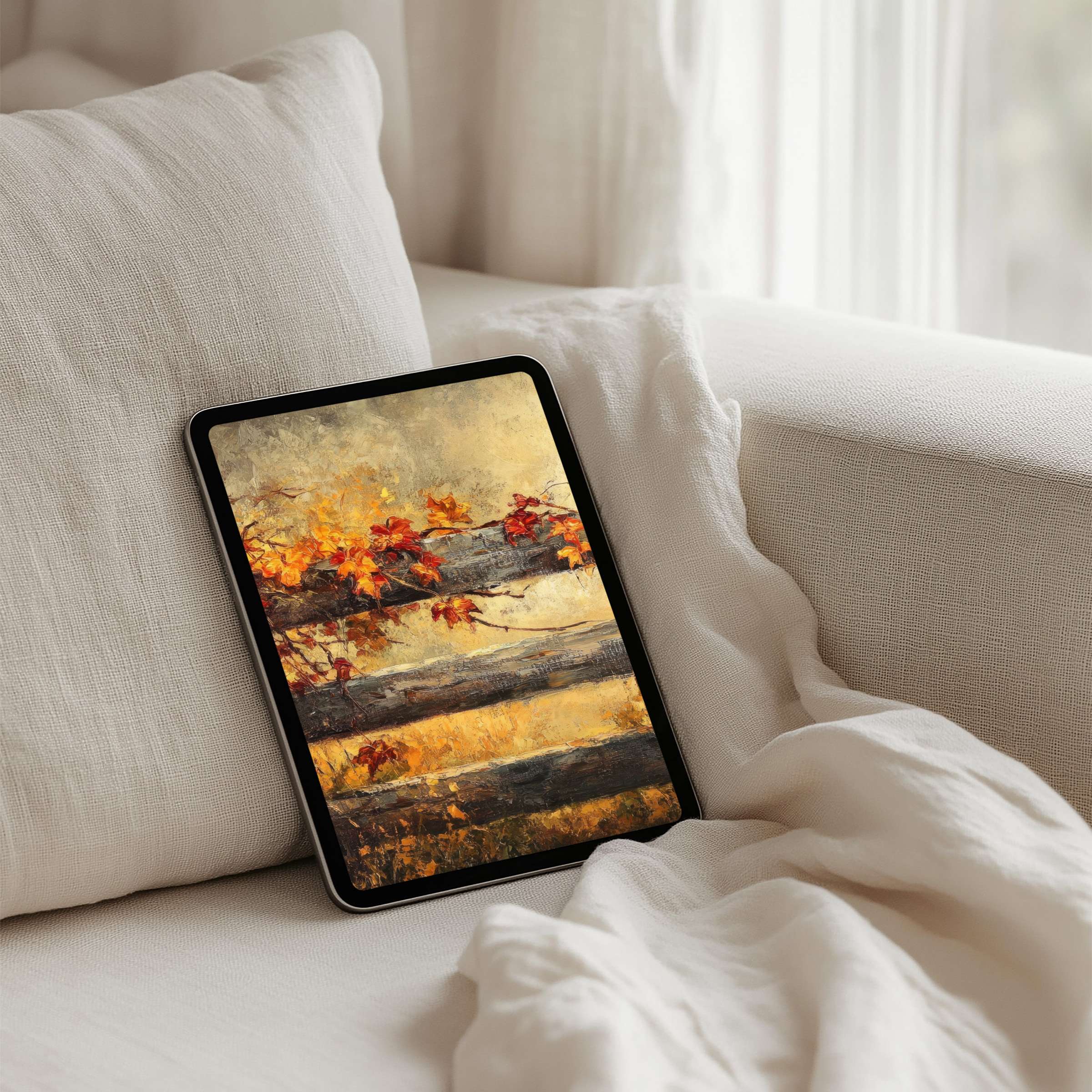 Elegant fall-themed iPad background offering instant download for tablets like Samsung Android enhancing calm and mindful inspiration