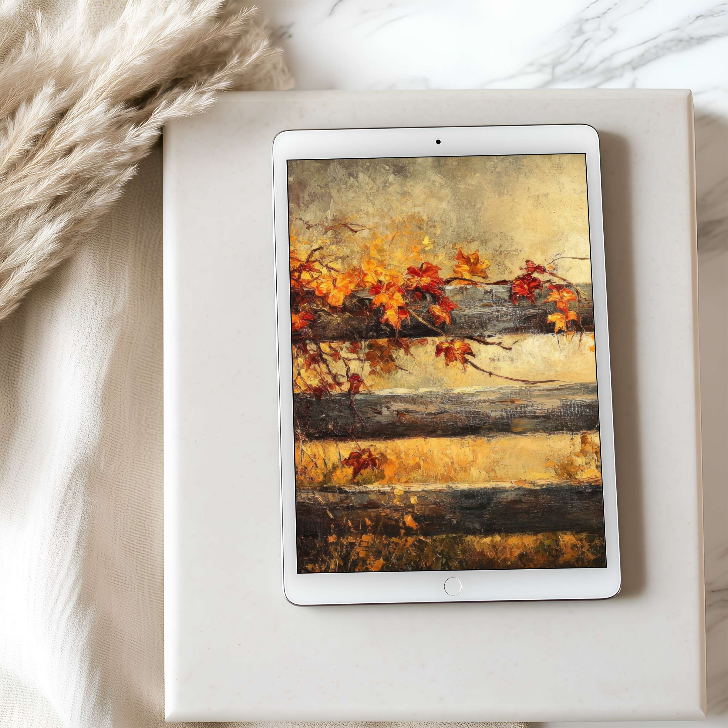 Elegant tablet wallpaper featuring autumn leaves against a rustic fence in warm tones perfect for high-resolution iPad and Android devices