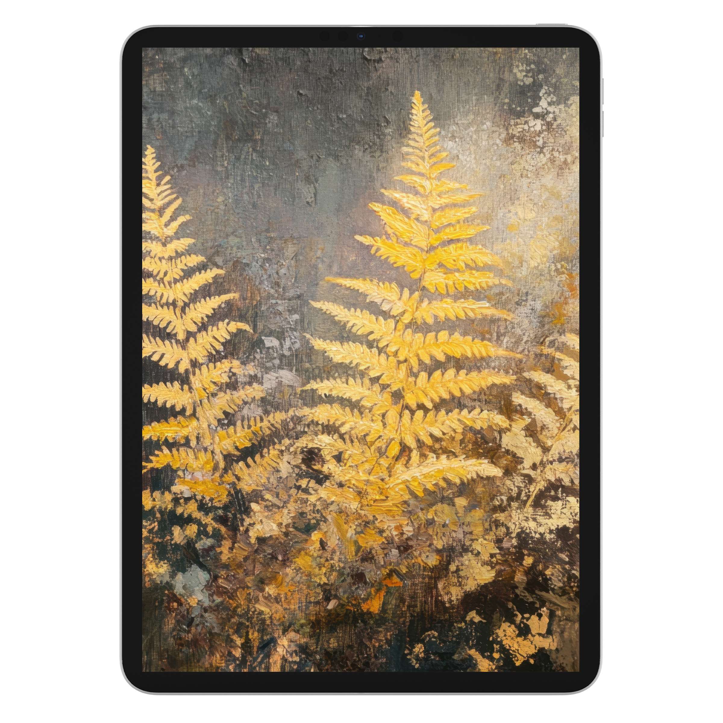 Golden fern leaves on textured backdrop, a calming fall iPad wallpaper for artistic digital download, perfect for tablet background
