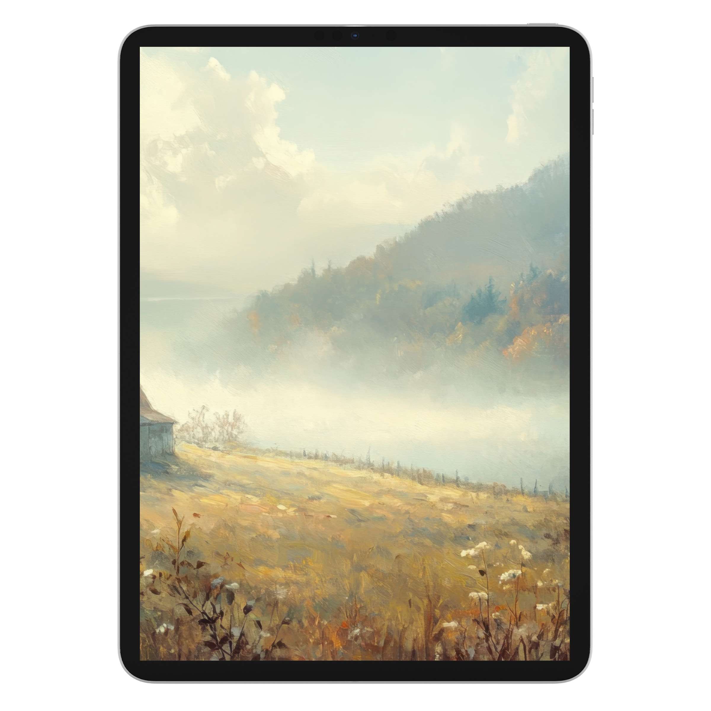 Tranquil fall iPad wallpaper featuring misty fields and soft hues in digital download for tablet background to inspire serenity