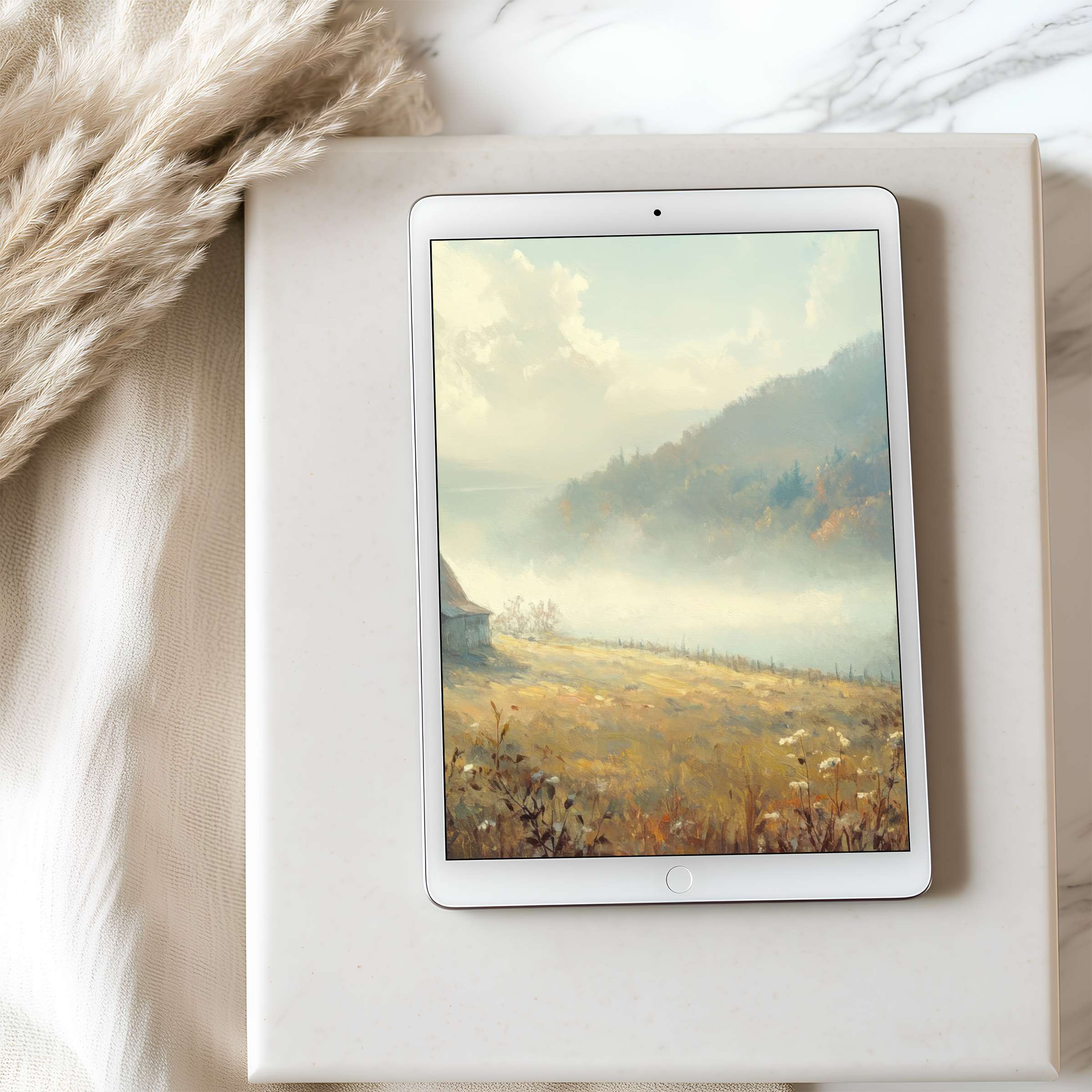 Elegant landscape tablet wallpaper featuring a serene misty meadow in soft earth tones, ideal for iPad and Android download