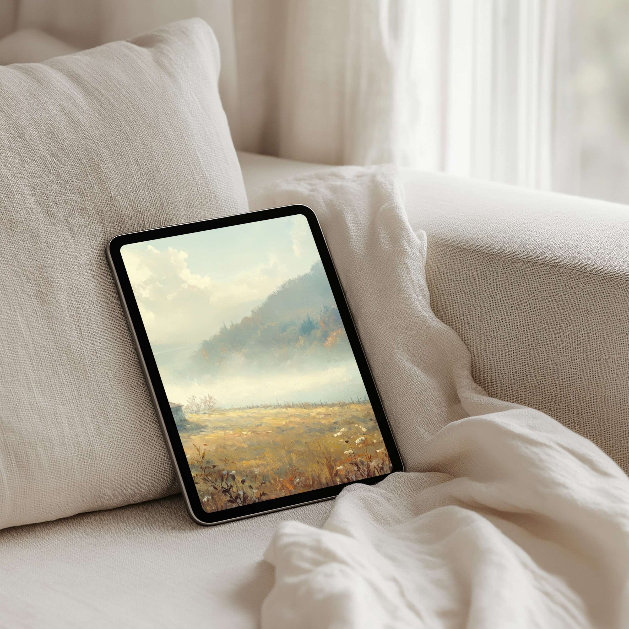 Calming landscape iPad background in soft pastel tones for instant download fits any tablet inspiring mindfulness and elegance