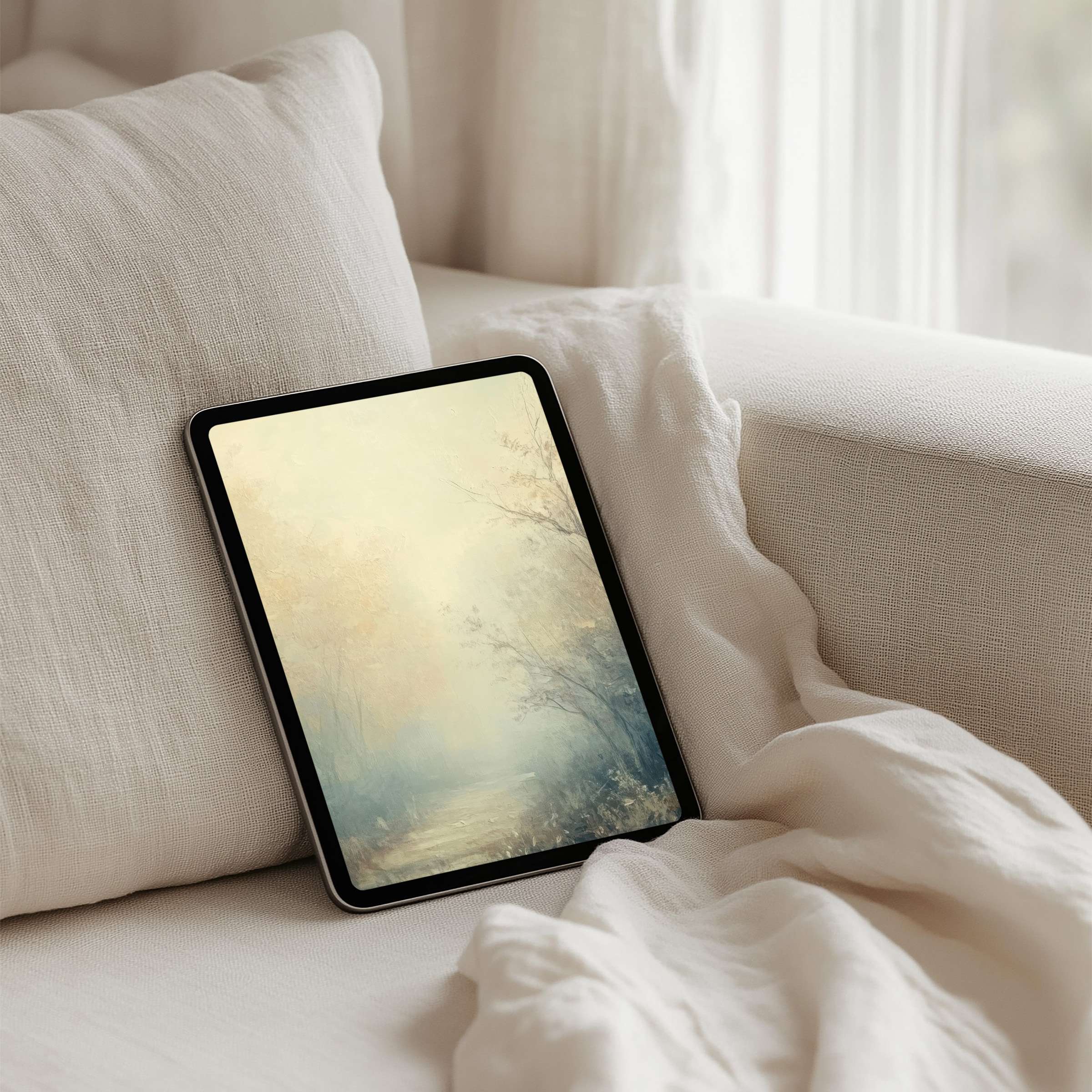Elegant forest scene iPad background for instant download on tablets inspiring calm and mindfulness in serene, soft tones