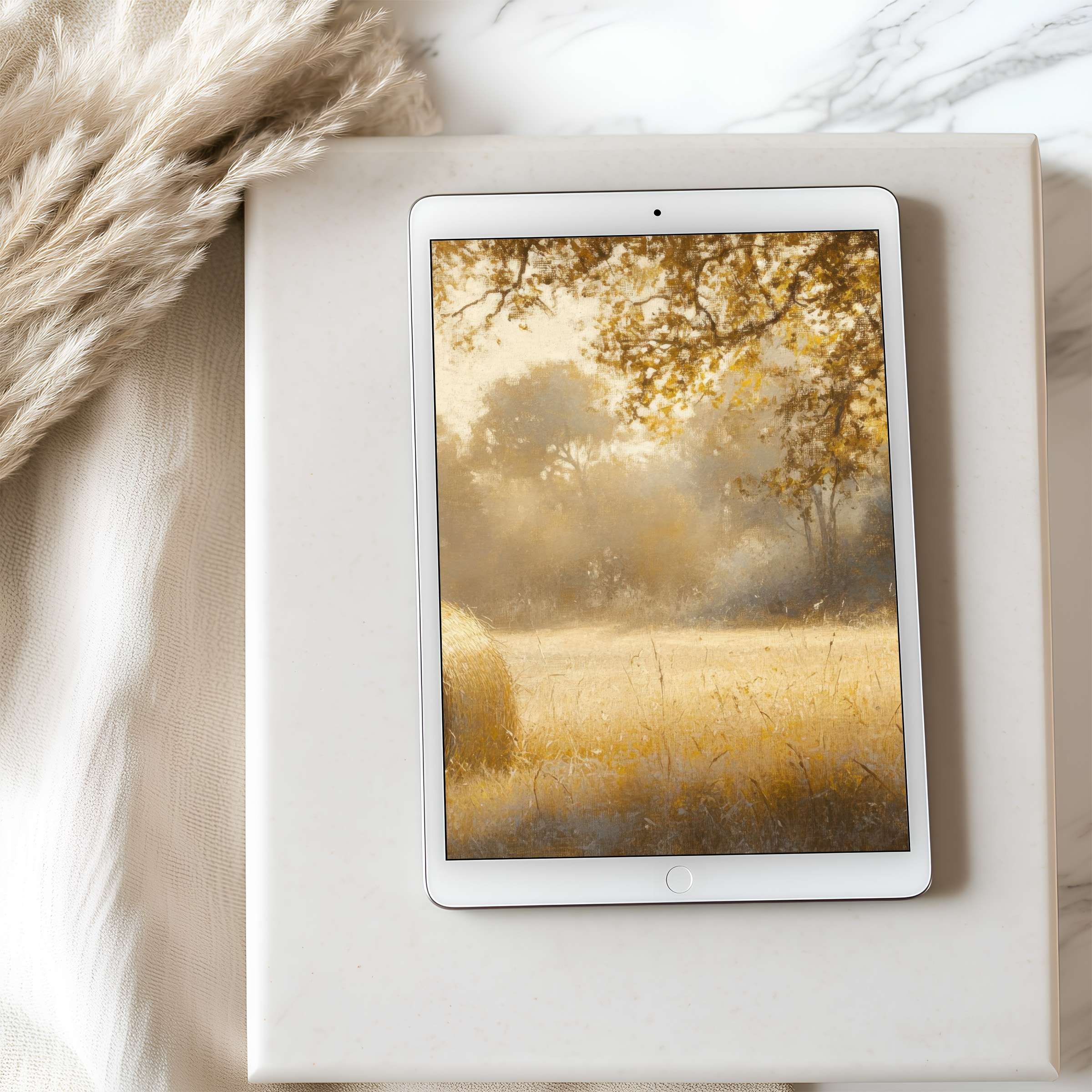 Serene autumn landscape tablet wallpaper in soft gold hues evokes calm on high-resolution iPad or Android, perfect for digital download