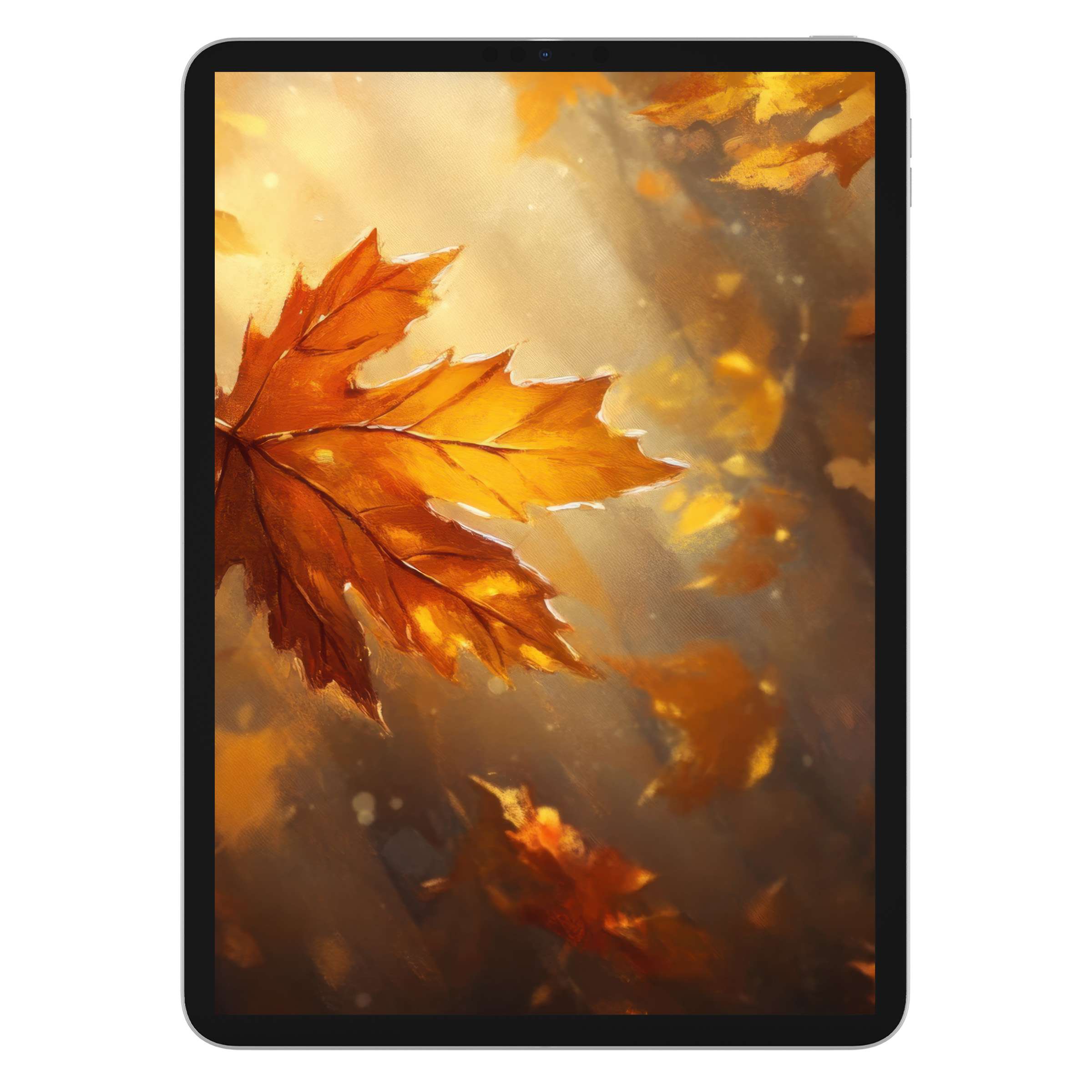 Elegant fall iPad wallpaper featuring golden leaves in soft focus for a calming digital download background on any tablet device