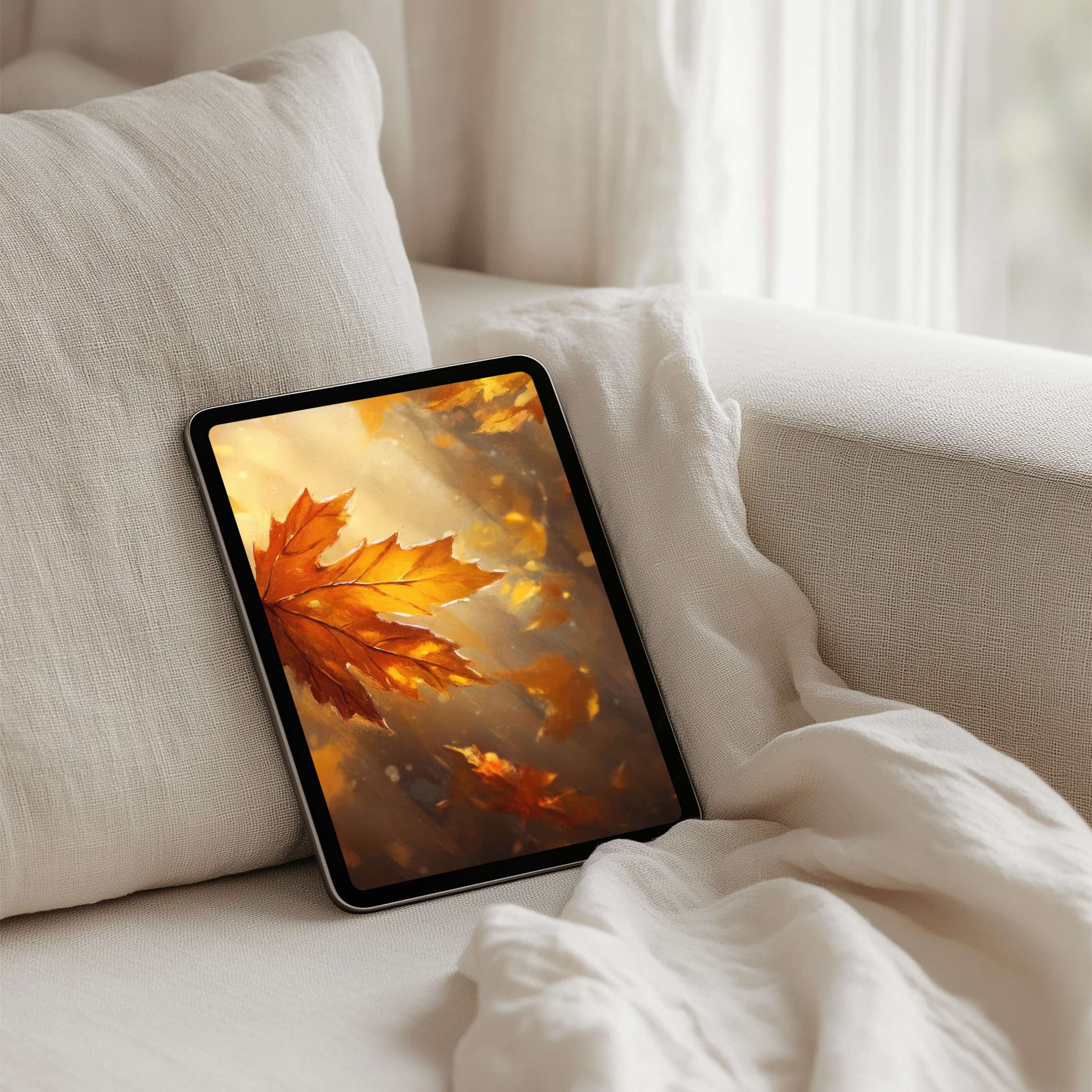 Elegant iPad background featuring autumn leaves for instant download; enhance your tablet with calming, mindful inspiration